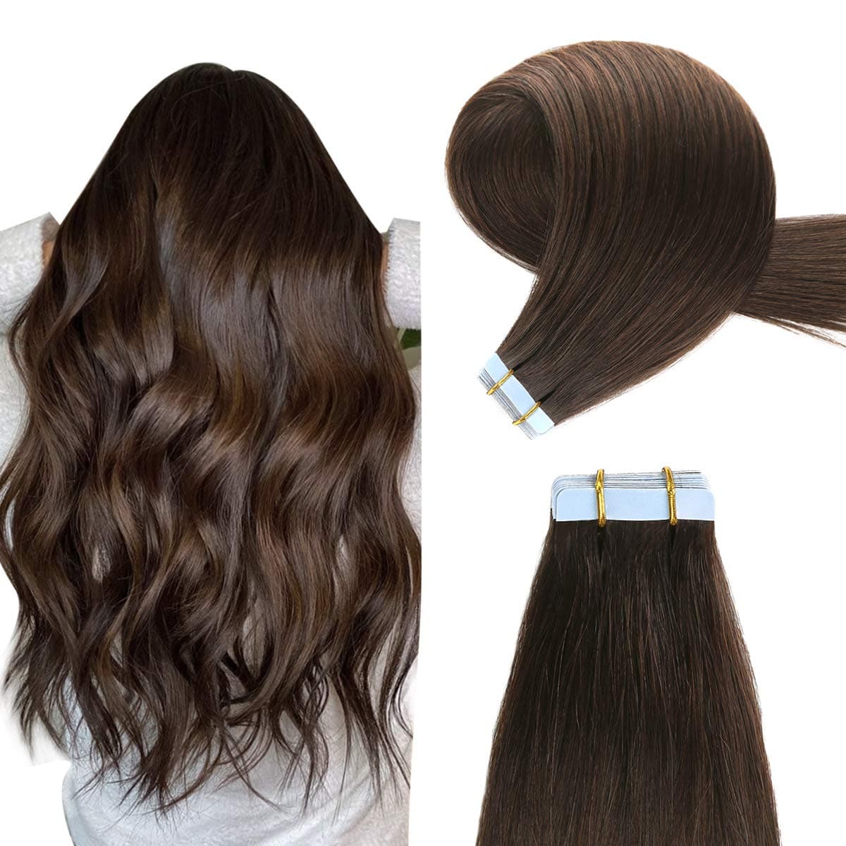 Dark Brown Tape in Hair Extensions Human Hair,22 inch 20pcs 50g Silky Straight Hair Extensions Tape ins, Real Remy Human Hair Tape in Hair Extensions (22inch #2 Dark Brown)