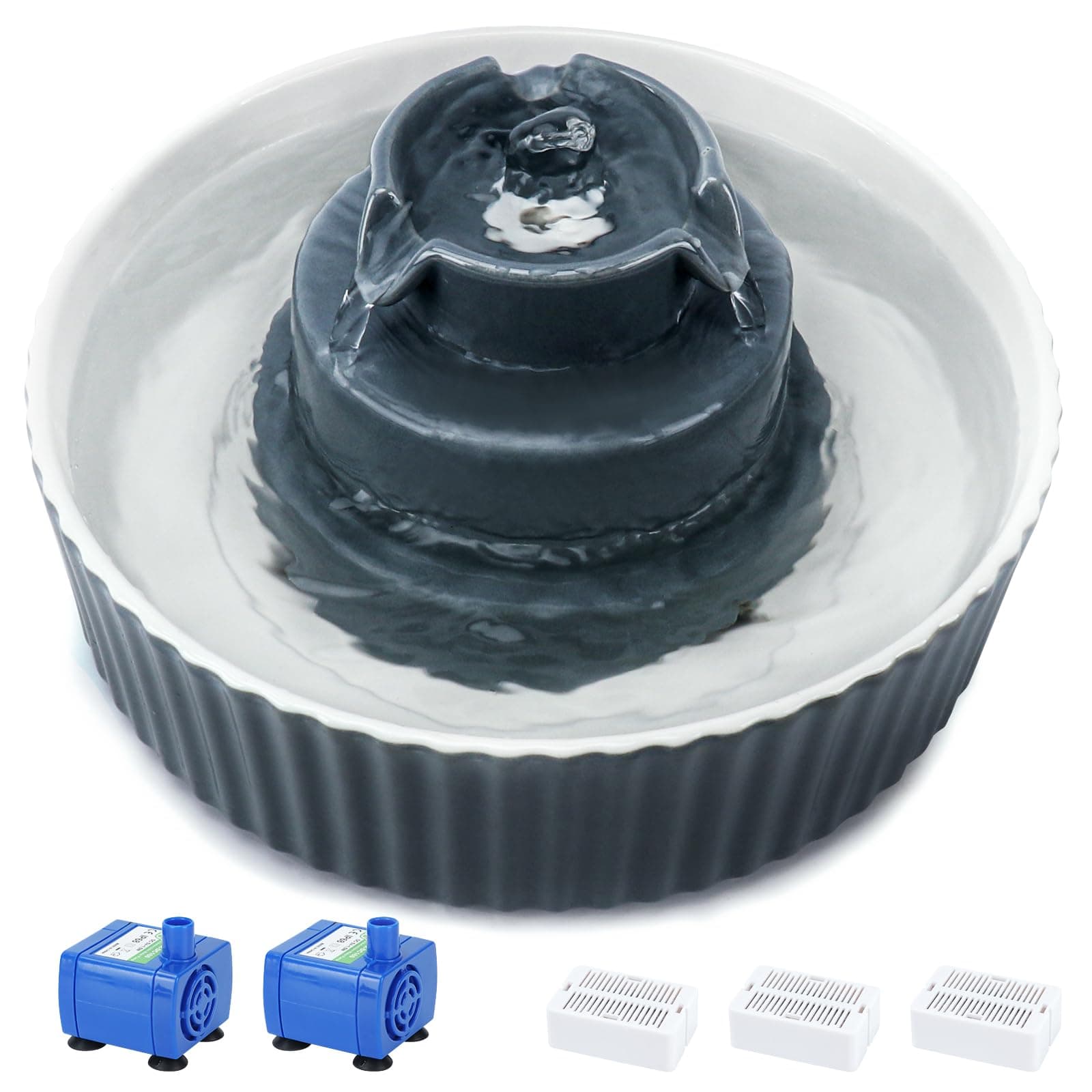 Ceramic Cat Water Fountain, 2.1L/71oz Cat Fountain with 3 Carbon Filters and 2 Quiet Pumps, Cupcake Pet Water Dispenser for Cats and Dogs (Grey)