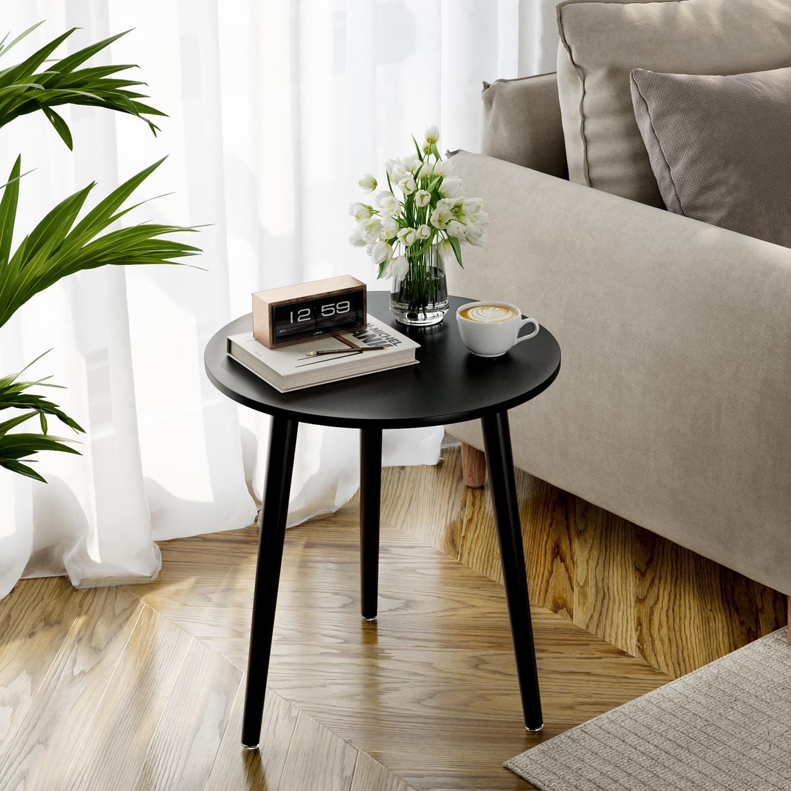 APICIZON Black Side Table, Round Coffee Table, Small End Table for Living room, Bedroom, Small Space, Wooden Bedside Table, Easy Assemble, 51(H) x 42(D) cm