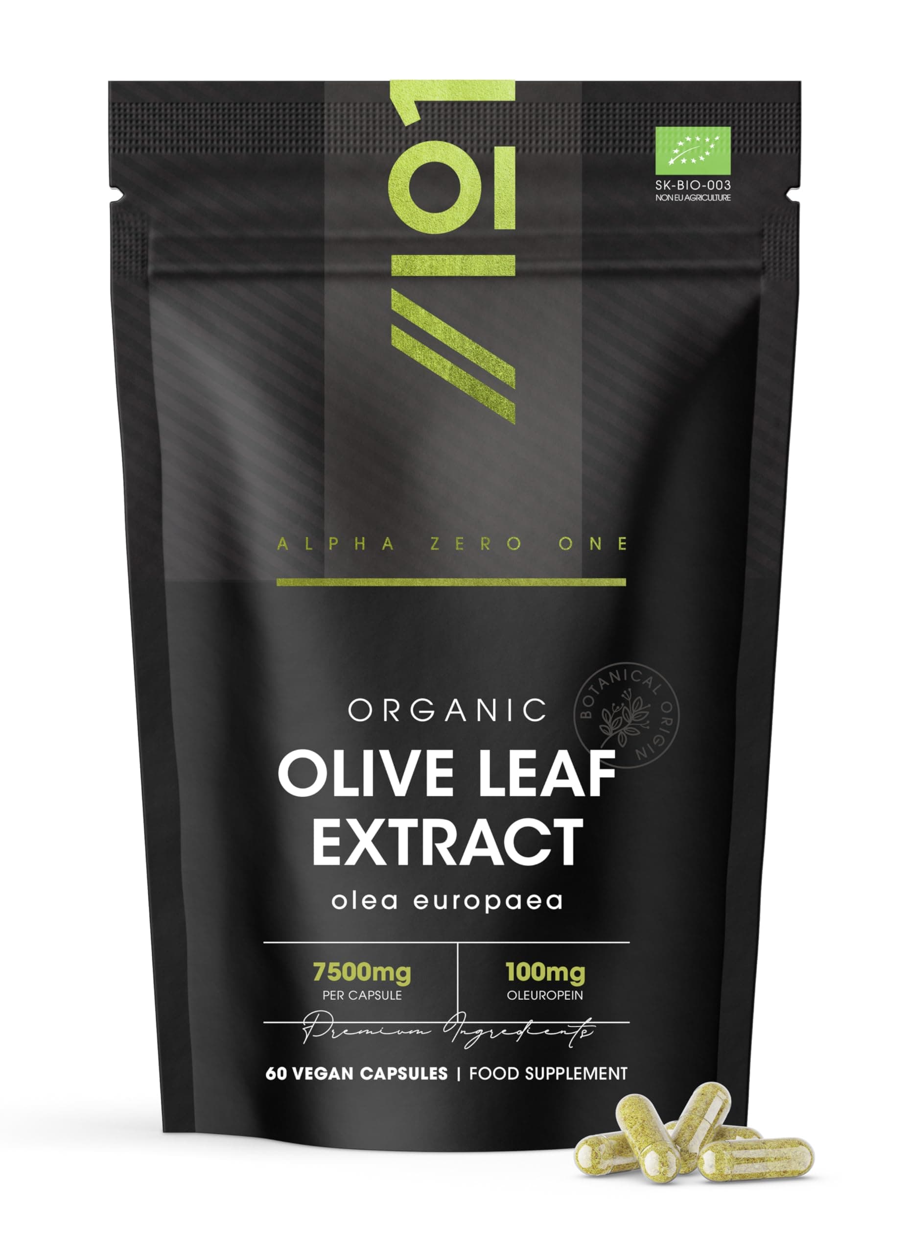 Organic Olive Leaf Extract 7500mg – Standardised 20% Oleuropein – 60 Vegan Capsules (2 Months Supply) – Resealable and Recyclable Pouch by Alpha01