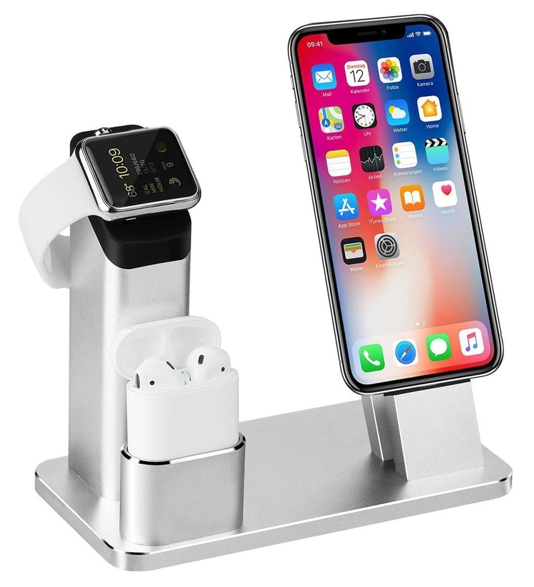 Apple Watch Stand, TOFOURT iPhone Charging Stand Dock Station Aluminum 4 in 1 AirPods Stand Holder, Support iWatch Series 2/1 NightStand Mode and iPhone X/8/7/7plus/SE/5s/7S/Plus with Case (Silver)