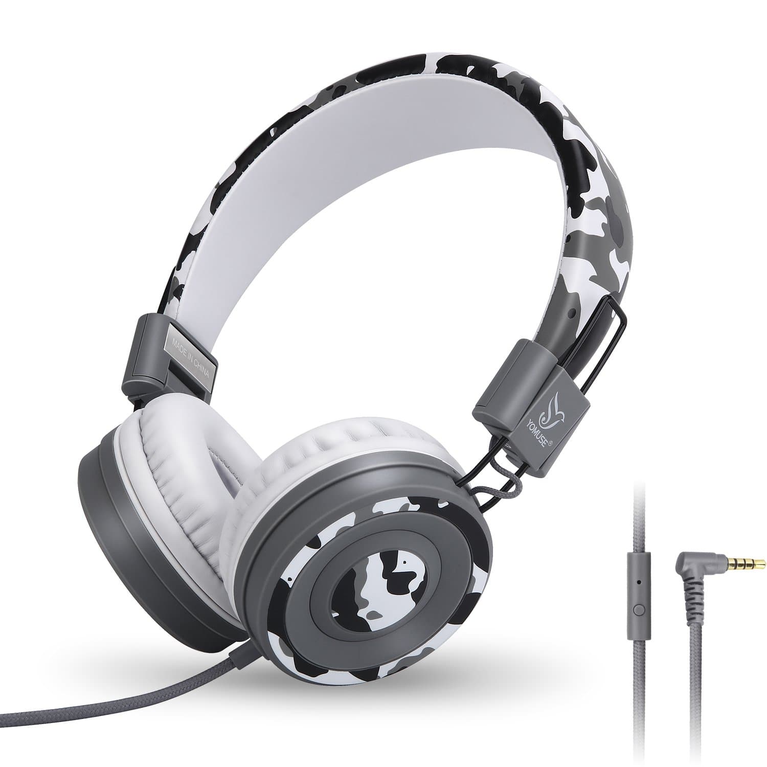 C89 Kids Headphones, Wired Headphone with Microphone, On Ear Headphone with Adjustable, Foldable Headphones for School Travel Children Girls Boys Adults (Camo Grey)
