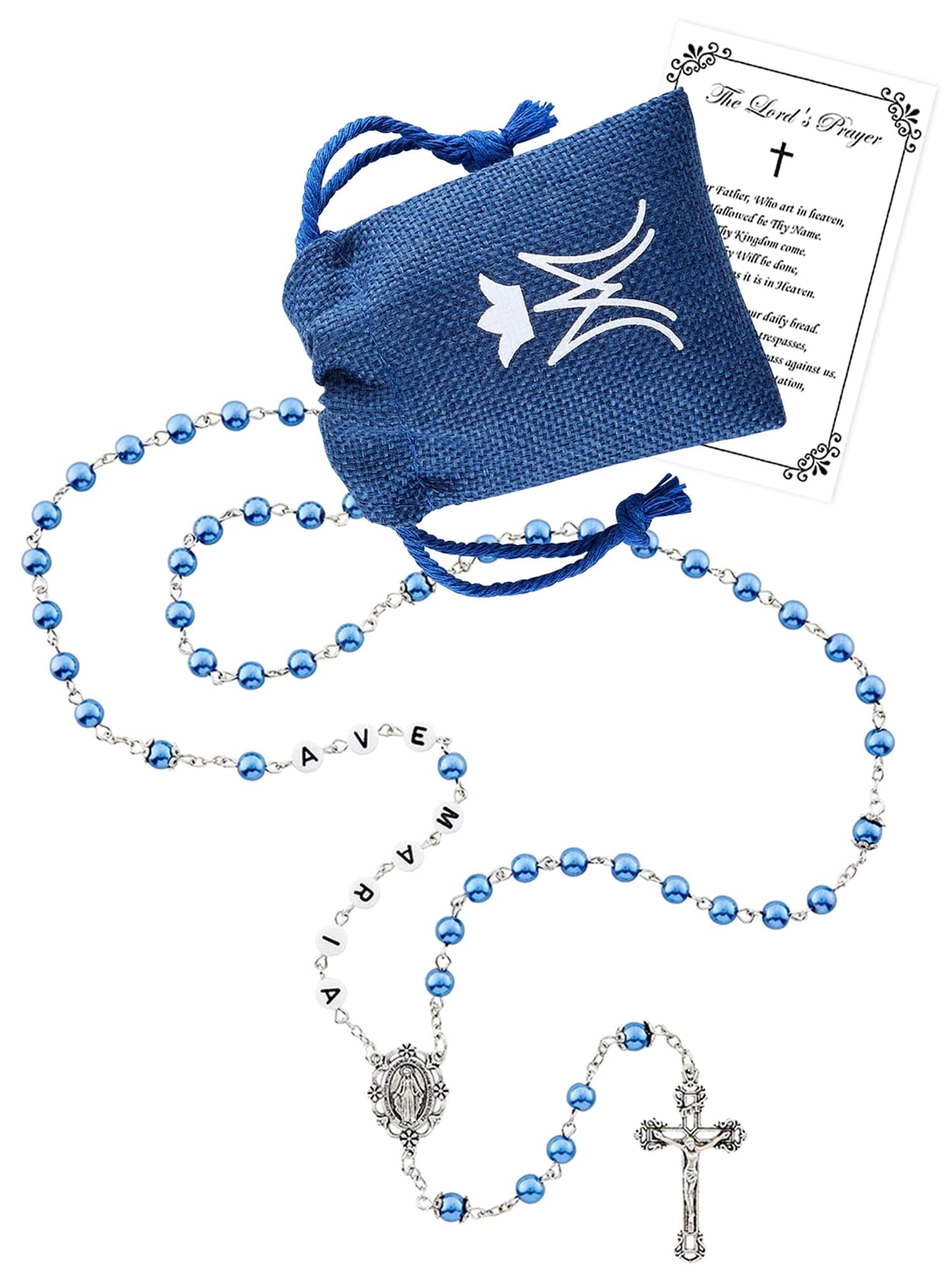 Ave Maria Rosary - with Linen Rosary Bag, Lord's Prayer Card | Blue Pearl Hail Mary Rosary for Communion, Confirmation, Baptism, Wedding | Ave Maria Rosario Roman Catholic Rosary Set of 3 Items