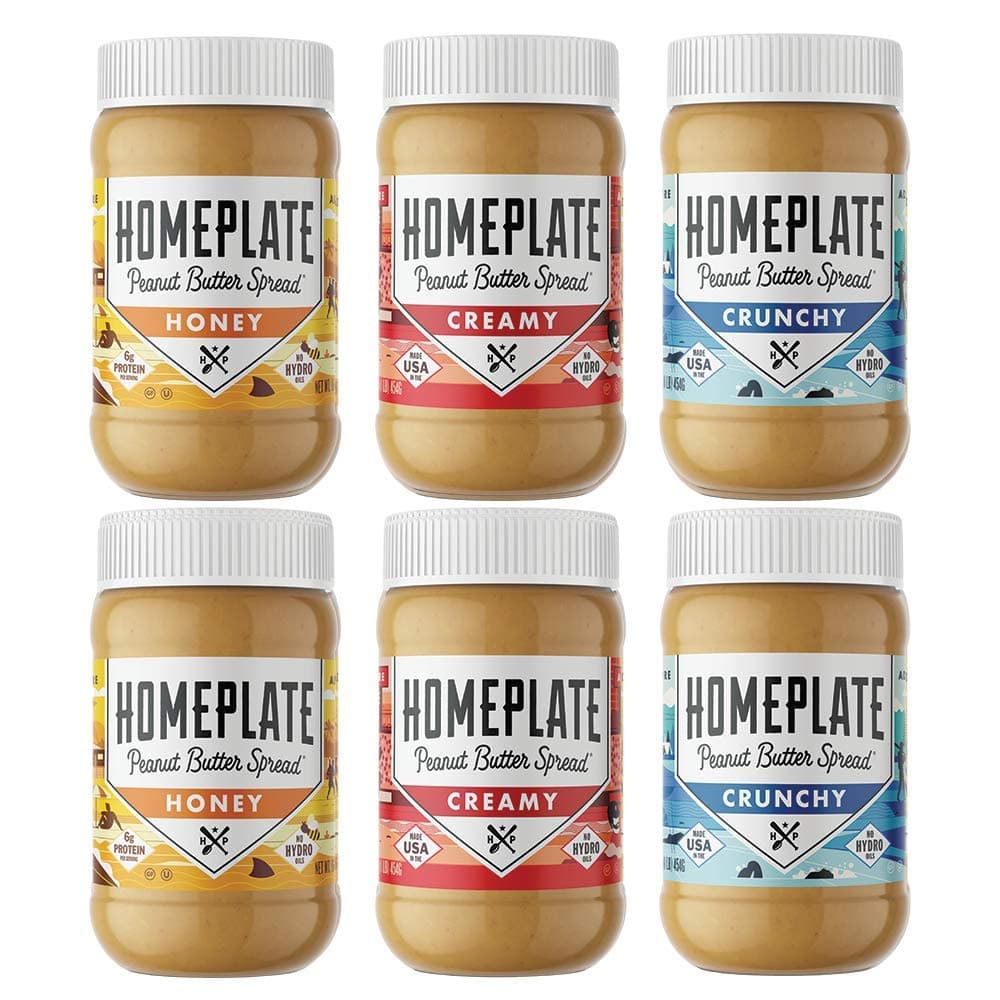 HomePlate Peanut Butter, Variety Pack, Crunchy, Creamy, & Honey Flavored, All Natural, No Stir, Non-GMO, 16 oz. Jar, Pack of 6