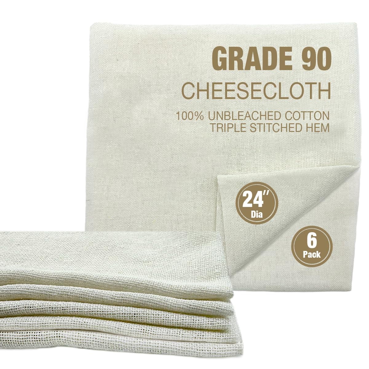 Traditional THAI Sticky Rice 24 Inch Round 6 Pack Reusable Cheesecloth, Grade 90 Triple Stitched Hem, Chef Quality, 100% Unbleached Cotton Fabric for Straining and Cooking