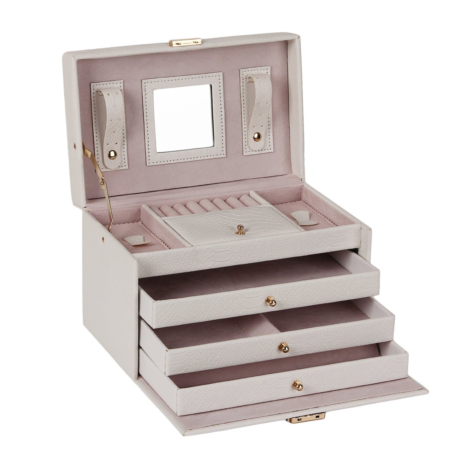 Large Jewellery Box Gift Storage Case for Girls Necklace Watch Display Armoire (White-C)