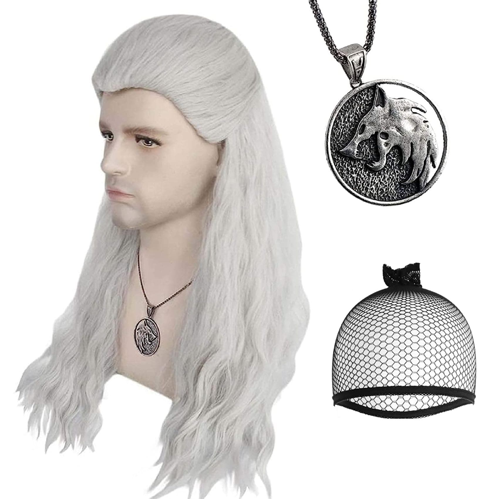 Hair Cap+(1 Necklace) Silver White Wig Cosplay for Men Long Silver White Wavy Wigs with Necklace Costume Wig for Halloween