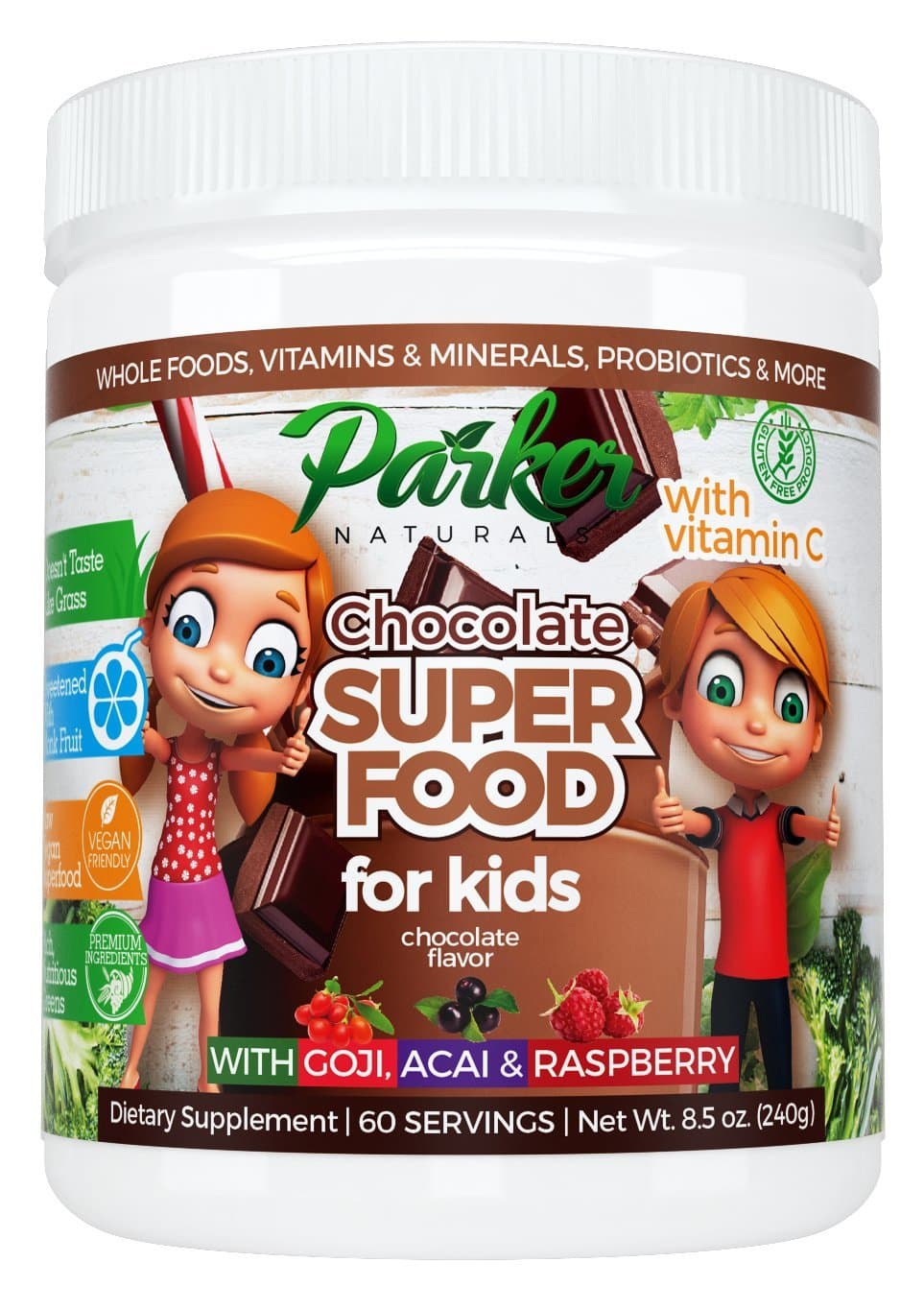 Berry Green Chocolate Superfood Powder Smoothie Mix for Kids 60 servings with Organic Greens & Fruits, Enzymes, Probiotics, Antioxidants, Vitamins, Minerals, Vitamin C - Non GMO, Vegan & Gluten Free