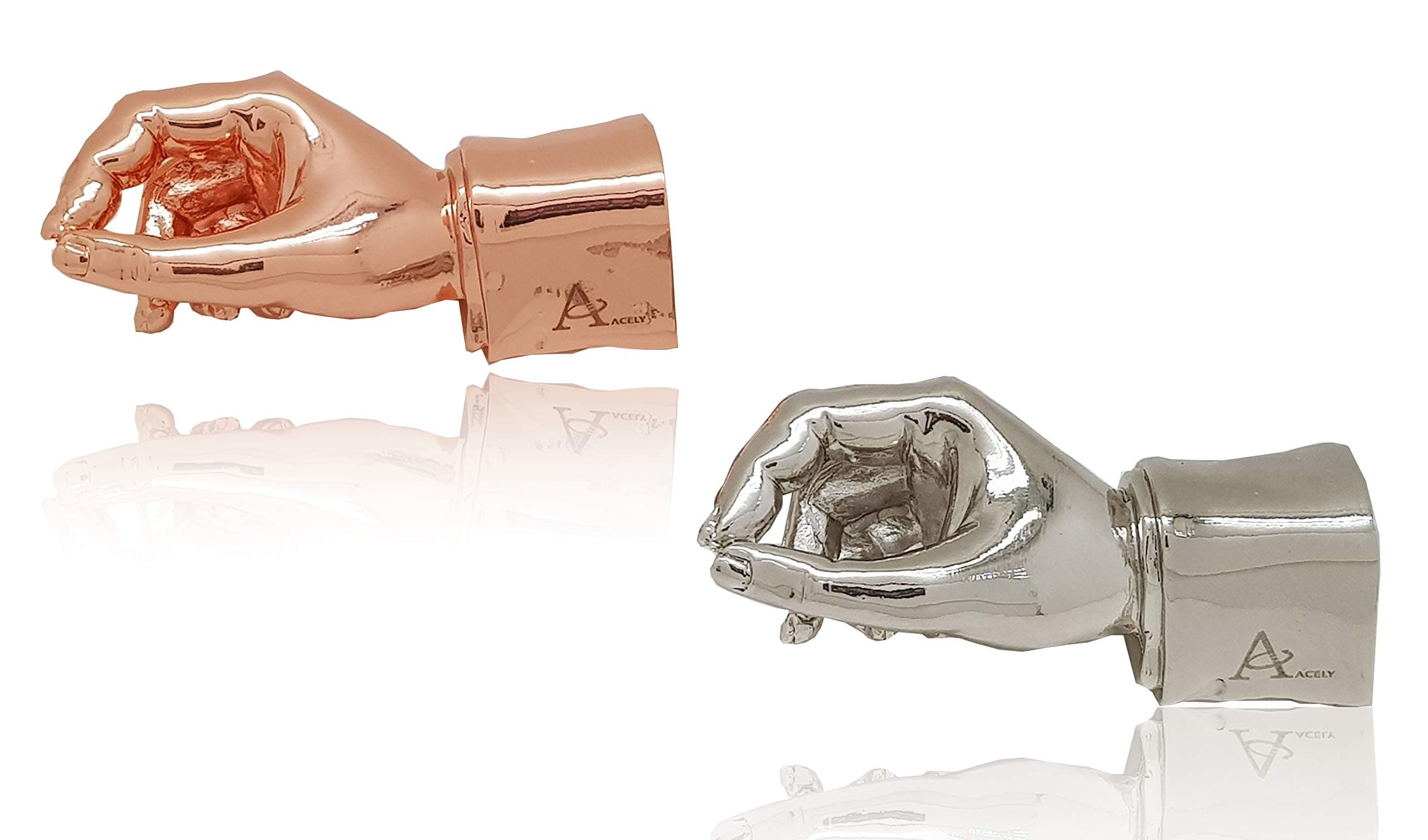 ACELY executive hand shape pen holder metal art craft paperweight for desktop organizer pen stand decoration 2-PC pack (Silver & Rose Gold)