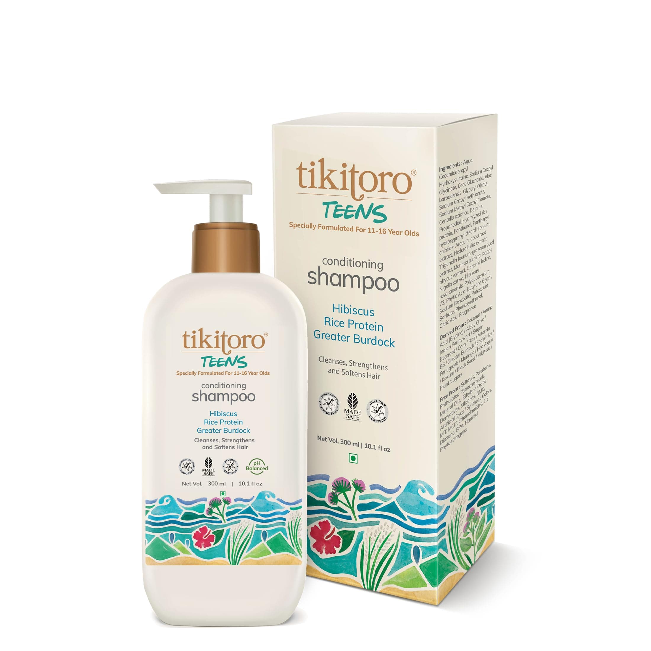 Tikitoro Teens Conditioning Shampoo 100% Vegan with Hibiscus, Rice Protein, Greater Burdock Extract, Cleanses, Strengthens & Softens Hairs, (Age: 11+) (300ml x 1)