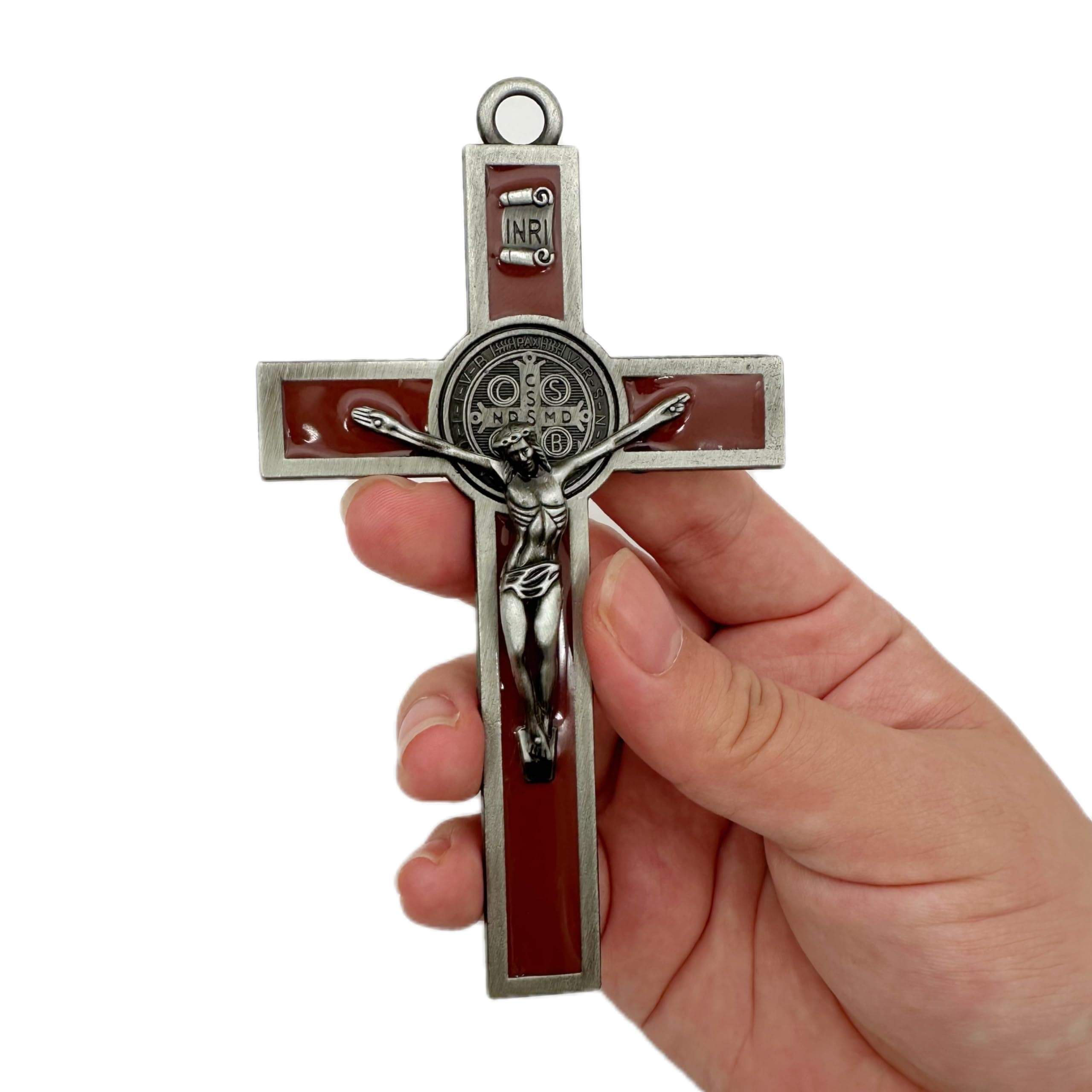 BONITTER Antique Silver Crucifix Wall Cross-St. Benedict Metal Wall Art-5.0 InchX2.7 Inch Black White Brown Enamel Give Blessing and The Spiritual Sacred:Faith Gift for your Acquaintances (Brown)