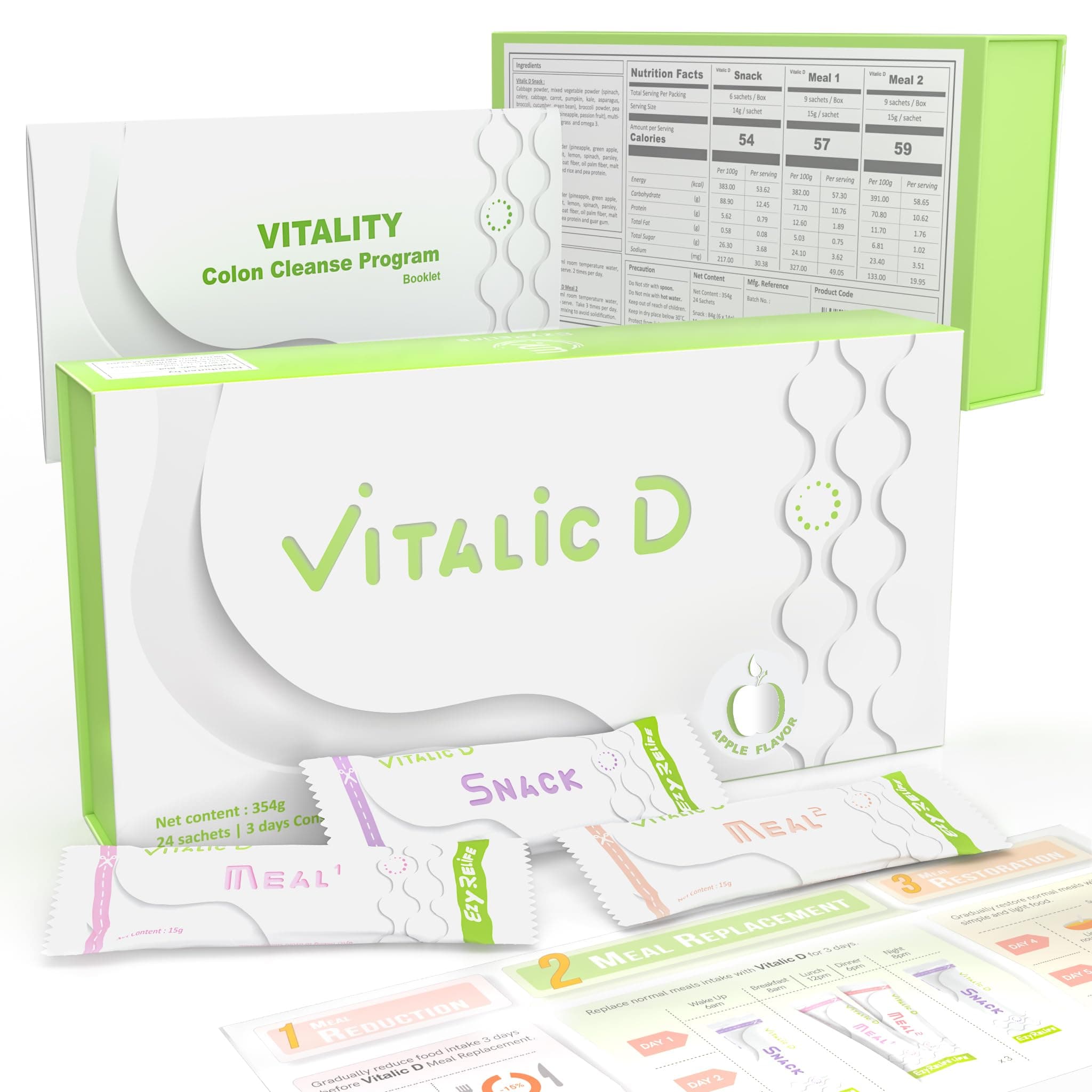 Vitalic D, 3-Day Cleanse Program & Gut Health Support | Plant-Based Detox Powder Drink for Digestive Reset, Light Feeling & Daily Wellness | Apple Flavor