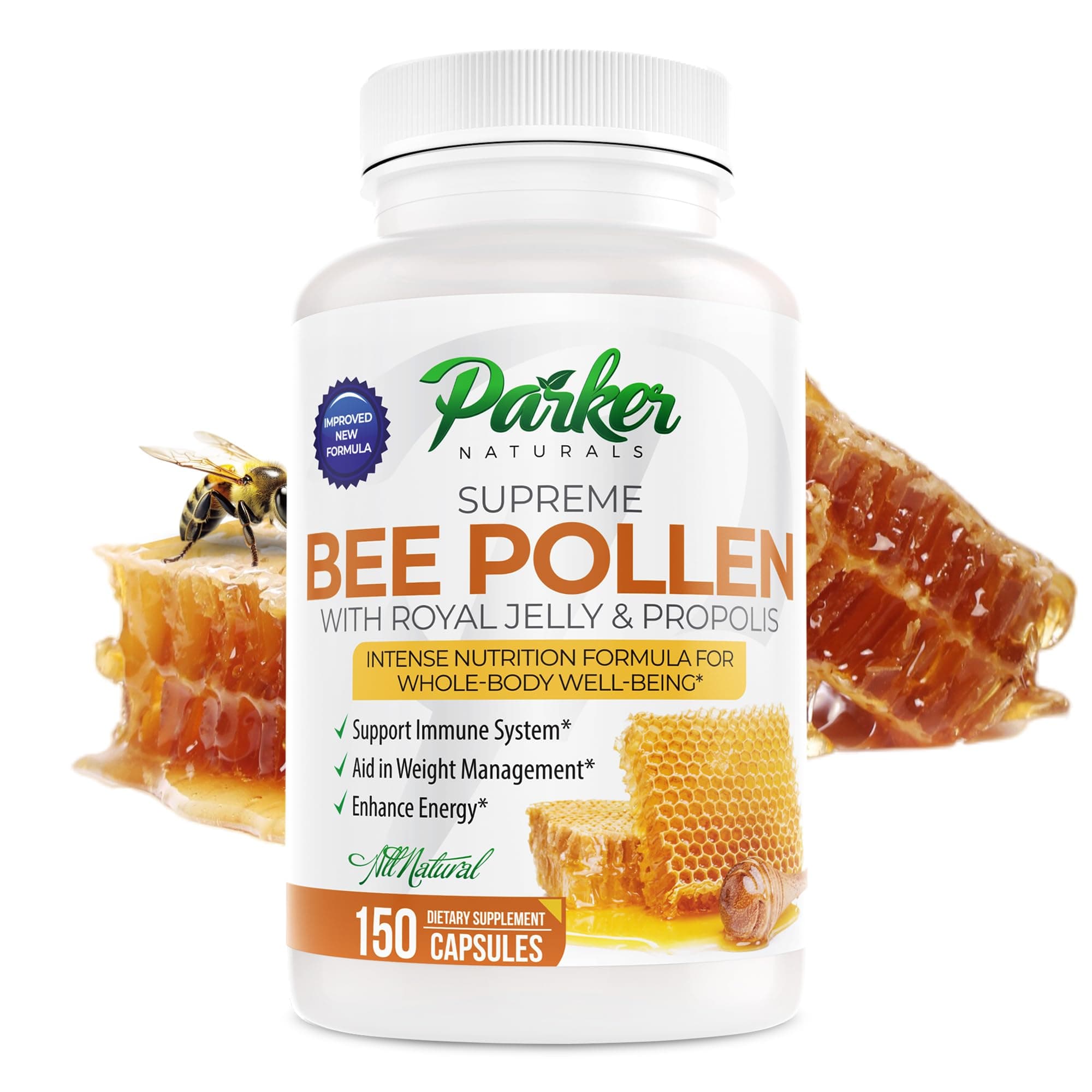 Parker Naturals Supreme Bee Pollen Capsules, 3520 mg Royal Jelly, Bee Pollen, and Bee Propolis Capsules, Natural Bee Pollen Supplement for Adults, 150 Capsules