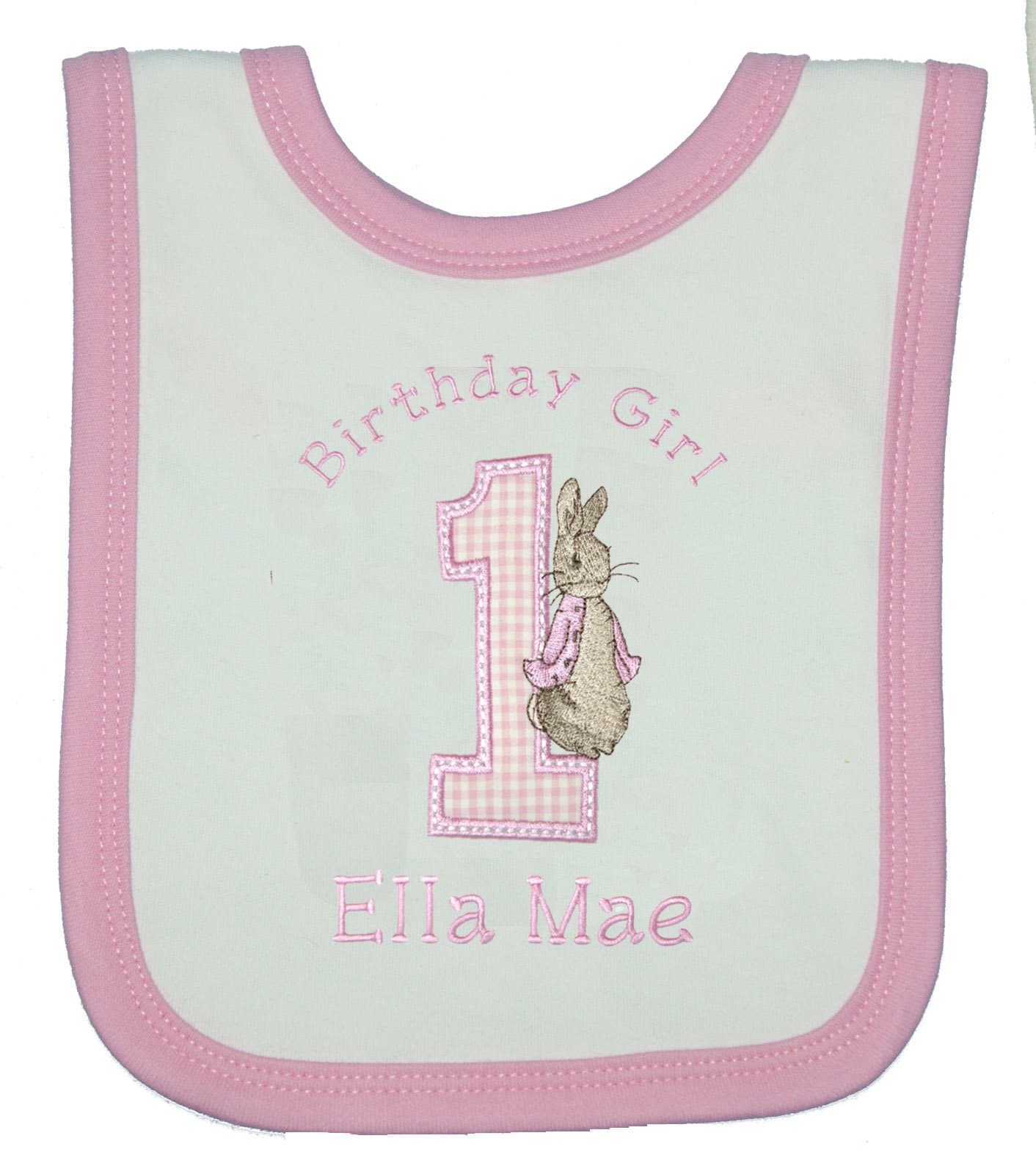 Girl’s Peter The Rabbit Personalised 1st Birthday Bib (Cake Smash). (White with Pink Trim)