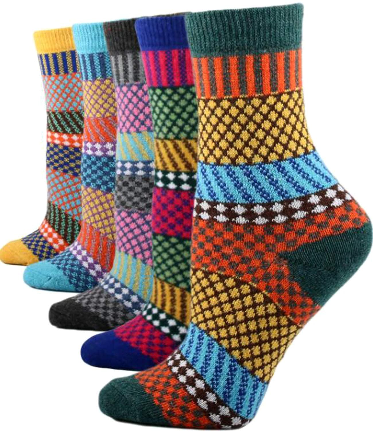 YZKKE 5Pack Womens Vintage Winter Soft Warm Thick Cold Knit Wool Crew Socks, Multicolor, free size