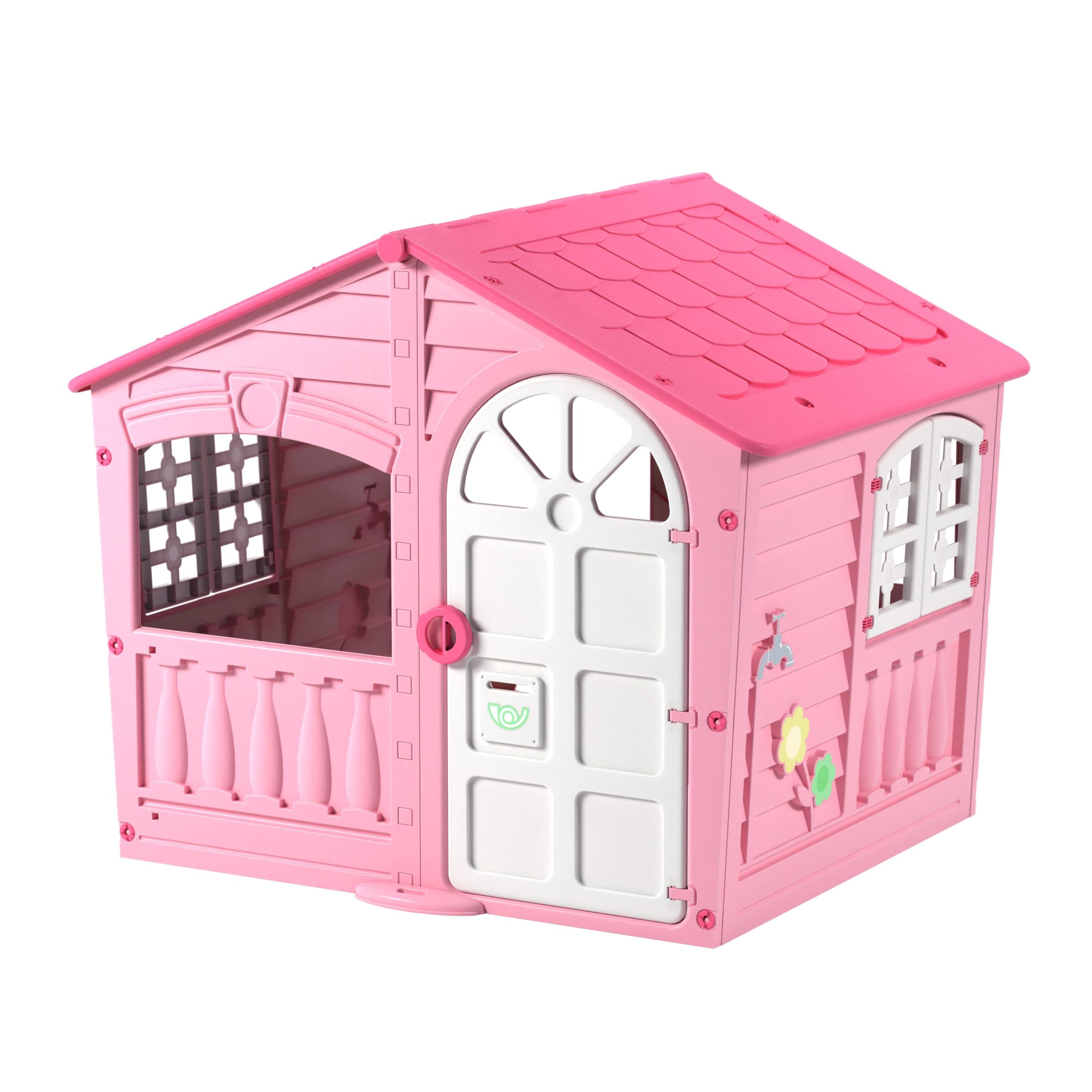Plastic Playhouse, House of Fun, Indoor and Outdoor Playhouse, UV Resistant, Playhouse for Girls and Boys, Imagative Fun, Suitable for Ages 2+, Pink and White, 130 x 111 x 115cm