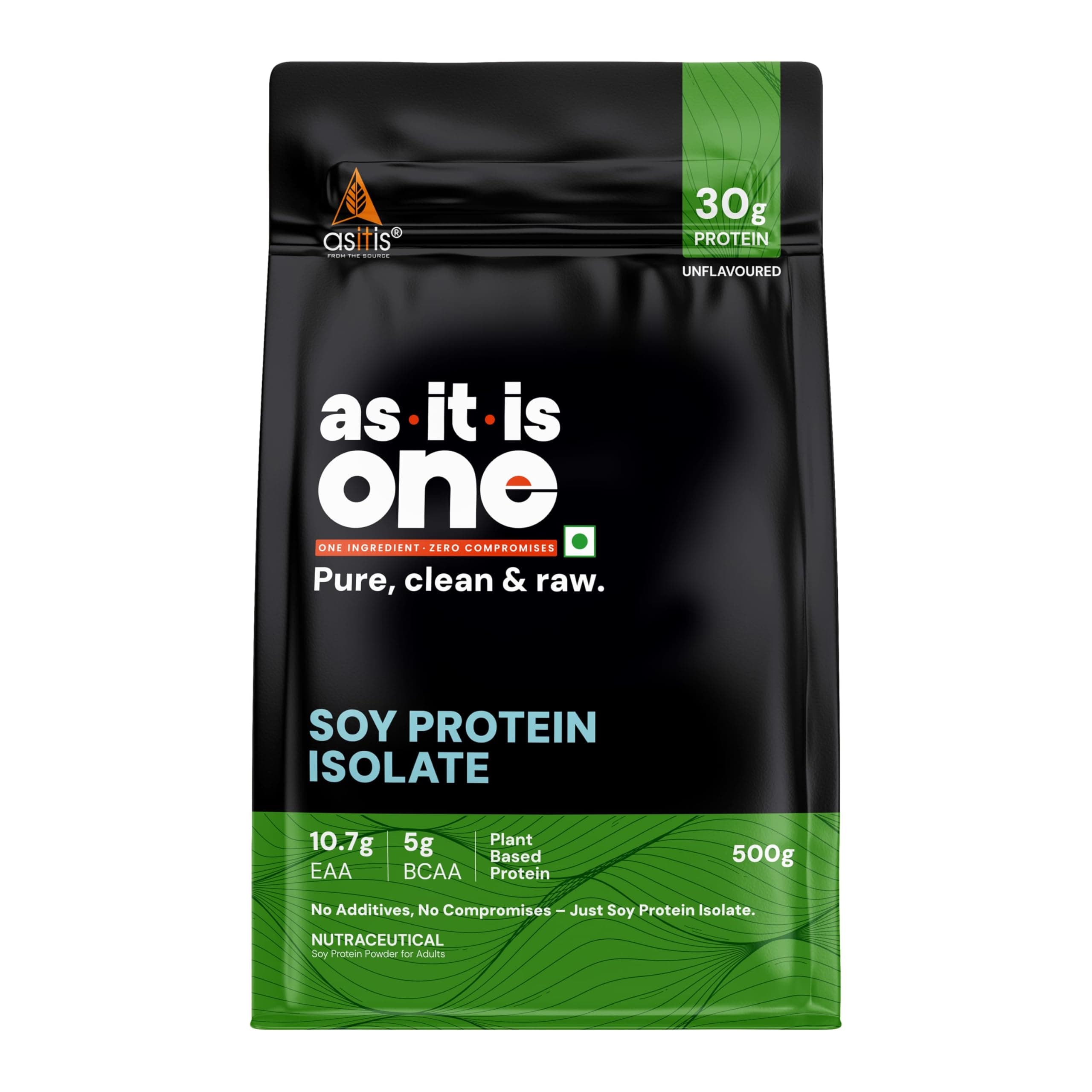 AS-IT-IS Nutrition 100% Soy Protein Isolate, 27g Protein & All 9 EAAs per Serving, Pure Vegan Plant Protein, Zero Cholesterol, Promotes Muscle Growth, Designed as Meal Supplement - Unflavoured, Single