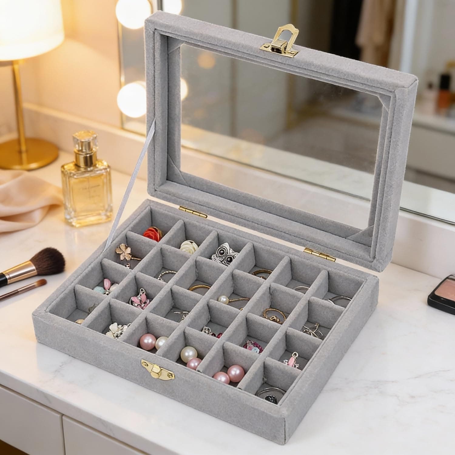 BucketList Women's Velvet Glass Ring Earrings Jewelry Box - Display Storage Showcase Holder Organizer (24 Grid Jewellery Box Grey)