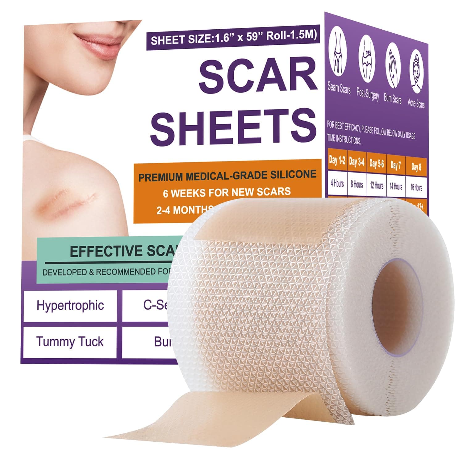Silicone Scar Sheets,Silicone Scar Tape,Scar Tape for Surgical Scars,Silicone Scar Removal Strips for Surgical,C-Section,Tummy Tuck,Keloid Scars(1.6"X 59" Roll-1.5M) Keloid Bump Removal