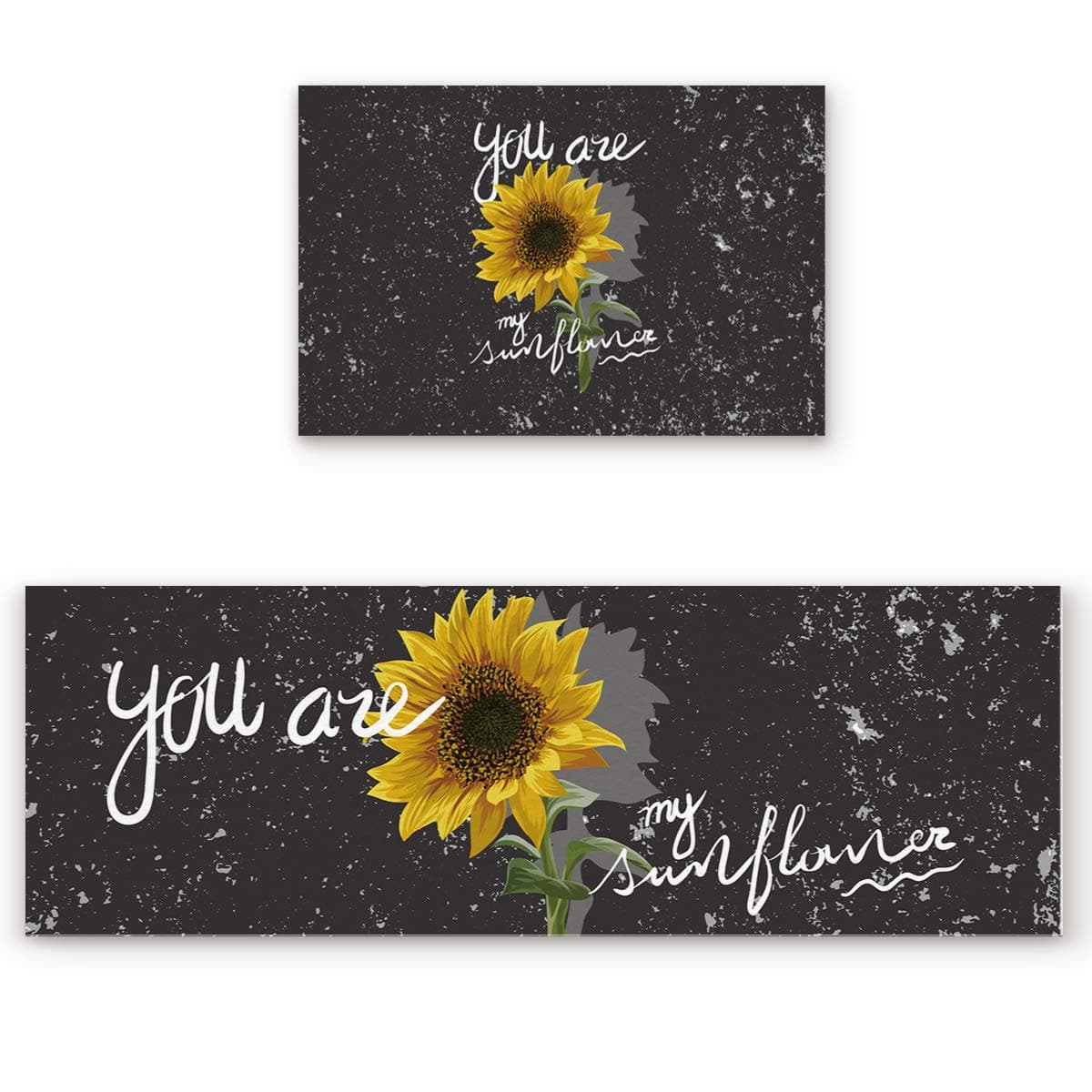 2 Piece Kitchen Mat Set, Sunflower You are My Sunshine Soft Rugs Cushioned Non Slip Area Rug Runner Carpet Water Absorbent Indoor Doormats Vintage Marble Background