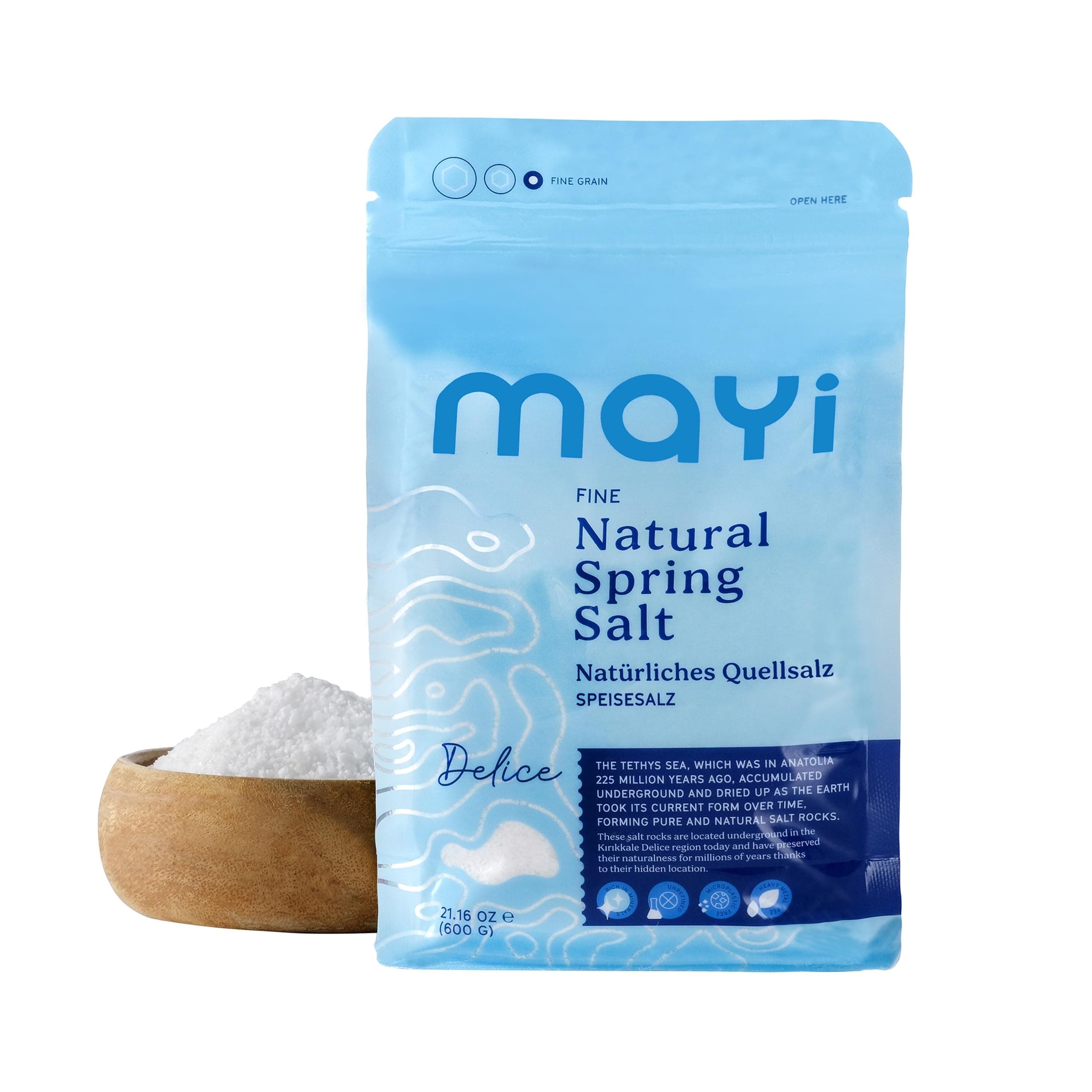 MAYİ Natural Spring Fine Ground Salt 1.2 lb - Hand-Harvested, Kosher, Microplastic-Free, Mineral-Rich for Electrolyte Drinks, Unrefined Healthy Salt for Cooking, Baking, Canning & Pickling