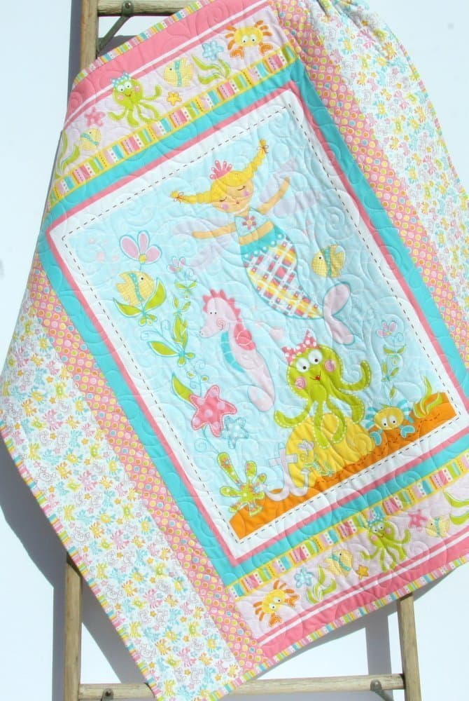 Pastel Mermaid Baby Quilt Homemade Blanket Girl Nautical Ocean Sea Life Octopus Fish Crib Bedding Nursery Décor Infant Child Quality Handmade