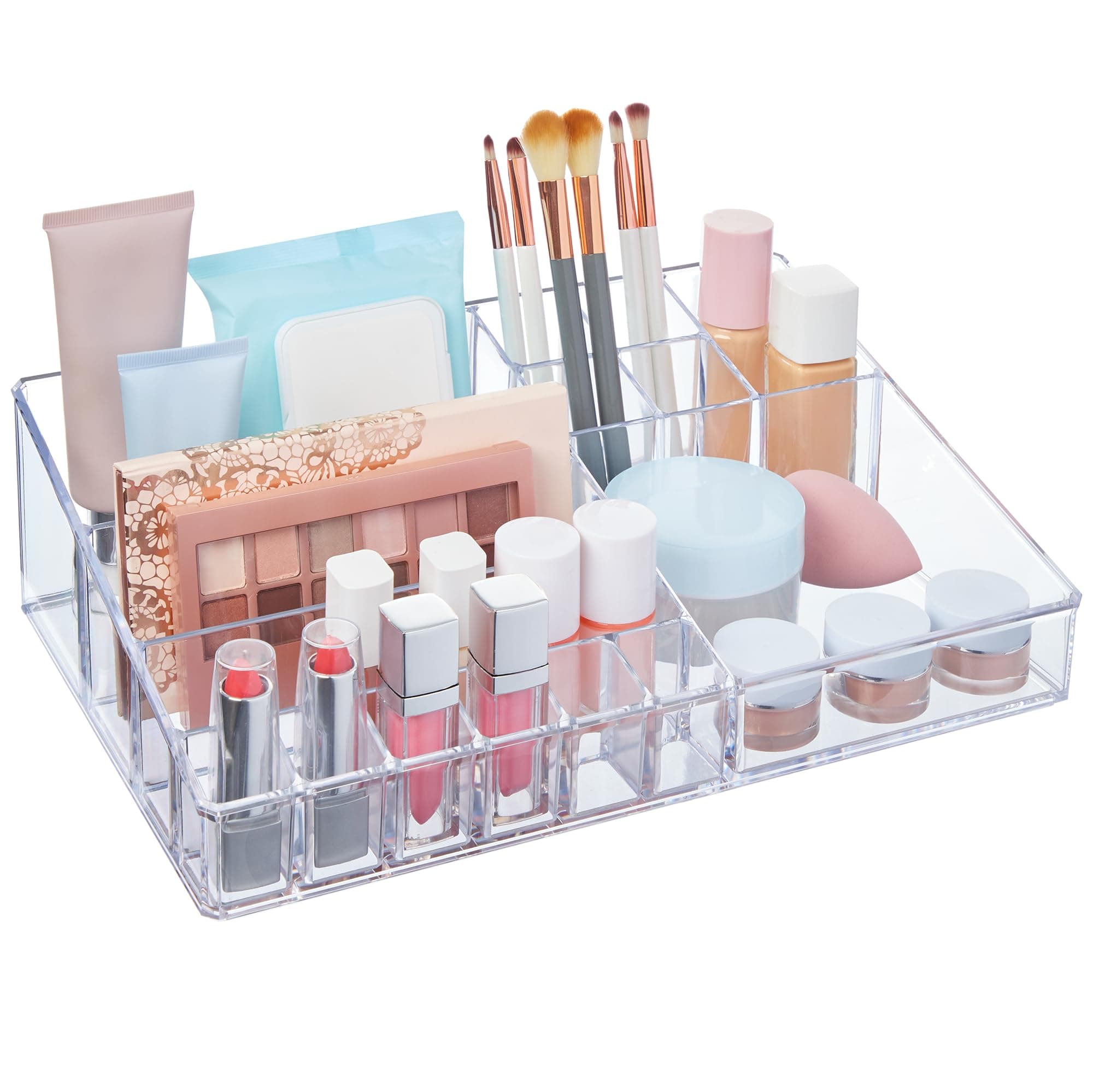 Audrey Clear Vanity Makeup Organizer | 15-Compartment Holder for Brushes, Eyeshadow Palettes, & Beauty Supplies | Stacks on Audrey Storage Drawers | Made in USA | Vanity, Holder