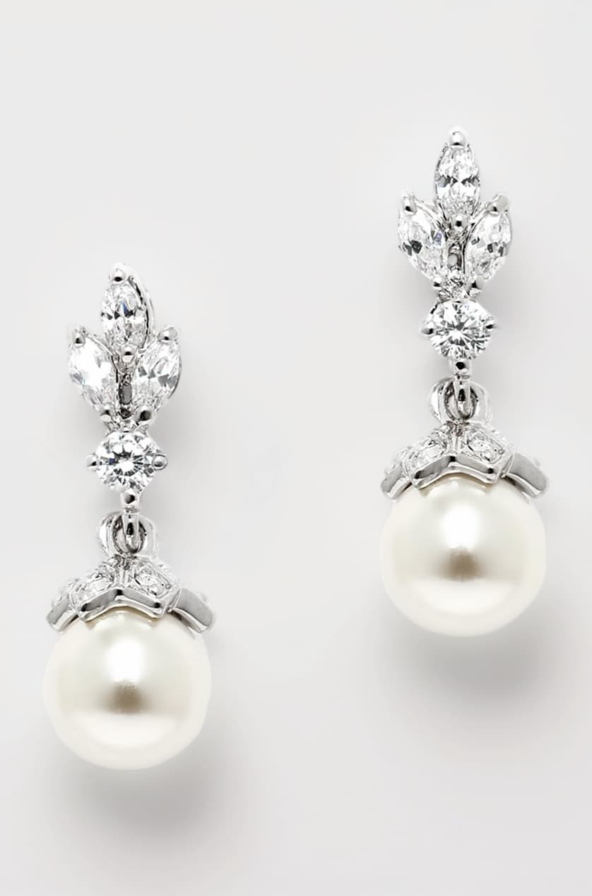 Mariell Mariell Light Ivory Pearl Drop Vintage Bridal Earrings with Platinum Plated Cubic Zirconia Marquis
