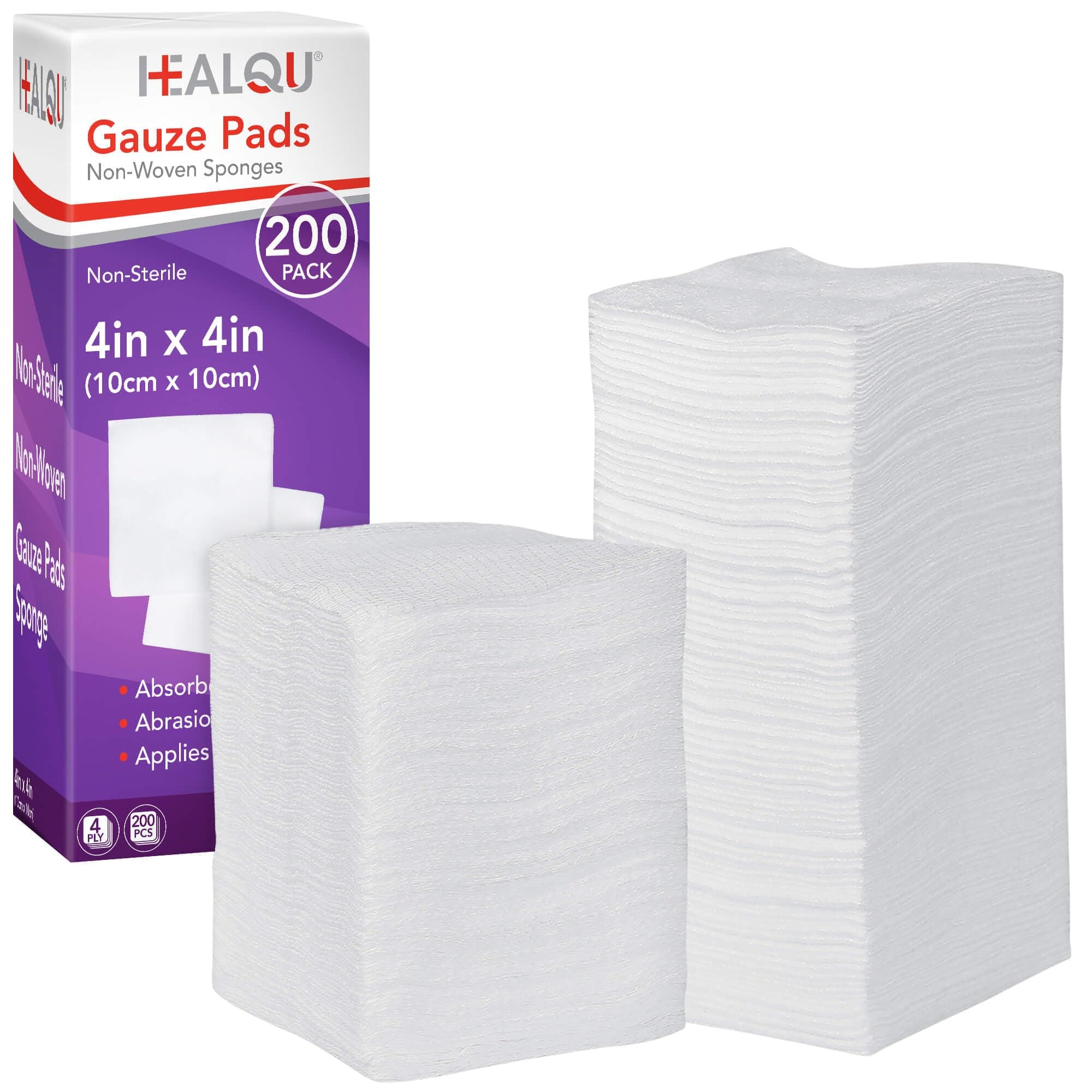 HEALQU 4x4 Gauze Pads - Bag of 200-4-Ply, Non-Woven Surgical Sponges - Super Absorbent Medical Gauze Sponges for Wound Dressing, Debridement, Cleaning, Prepping