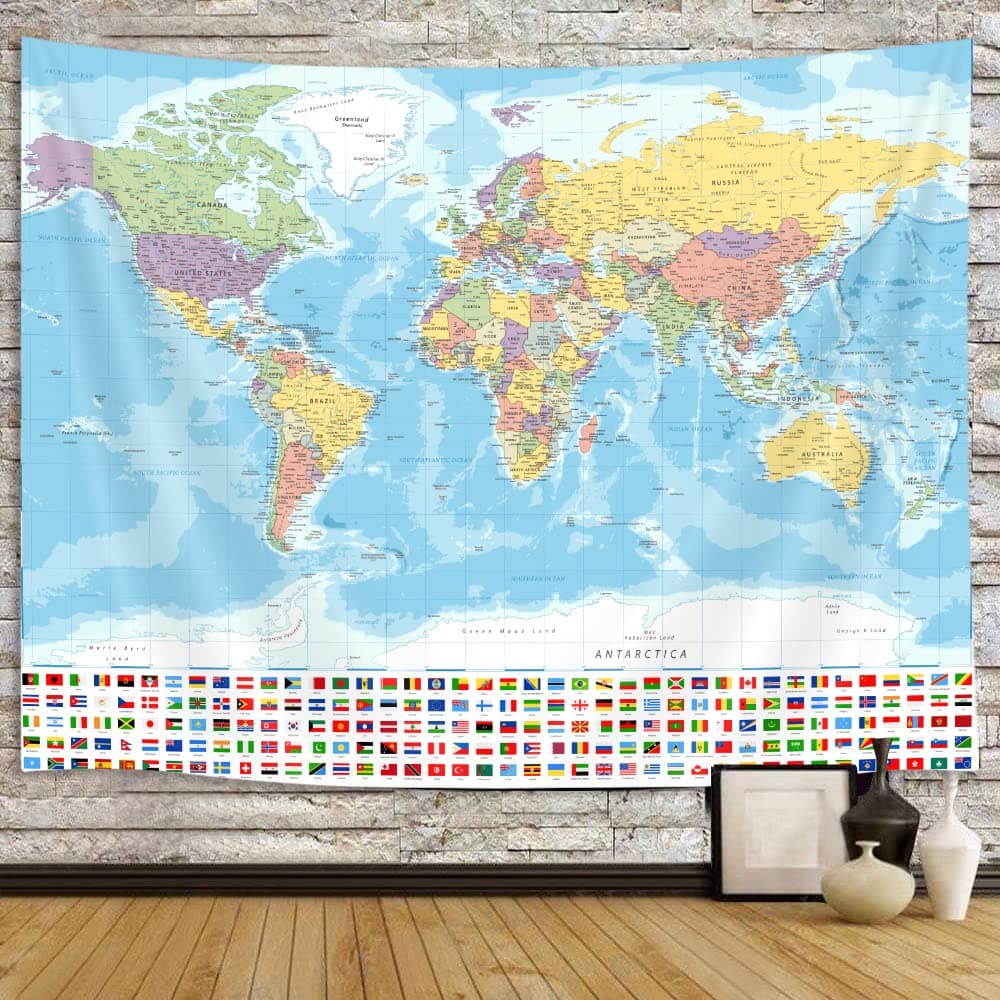 World Map Tapestry Wall Hanging, Map of The World with National Educational Walls Tapestries Room Decor, Boys Girls Kids Map Wall Tapestry for Bedroom Living Room Office Classroom (80X60")