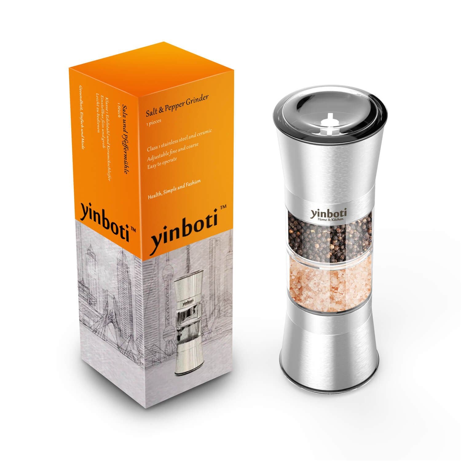 yinboti Salt and Pepper Mills Set Manual Grinder with Brushed Stainless Steel, 2-in-1 Combo (No Spices Include)
