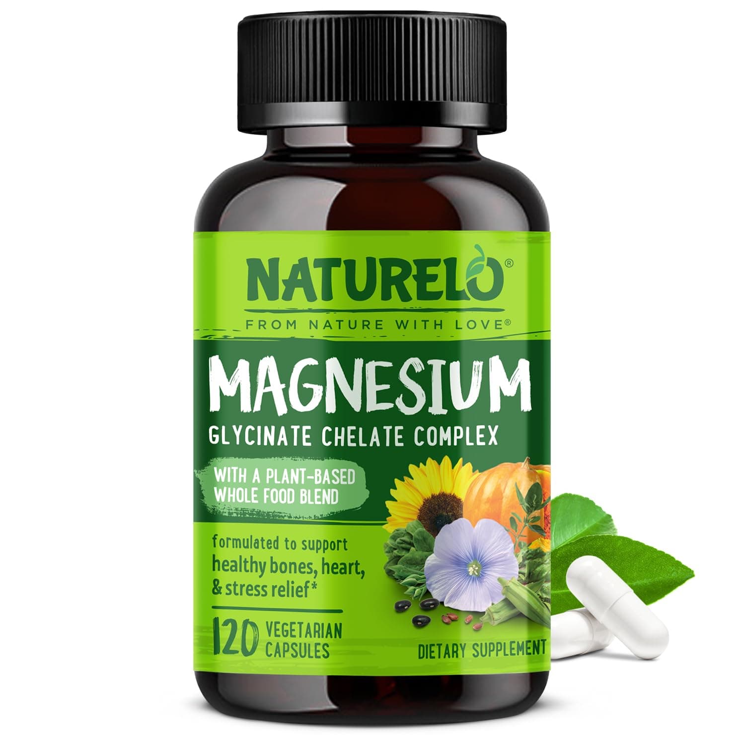 Magnesium Glycinate Chelate Complex - 200 mg Magnesium with Organic Vegetables to Support Sleep, Calm, Muscle Cramp & Stress Relief – Gluten Free, Non GMO - 120 Capsules