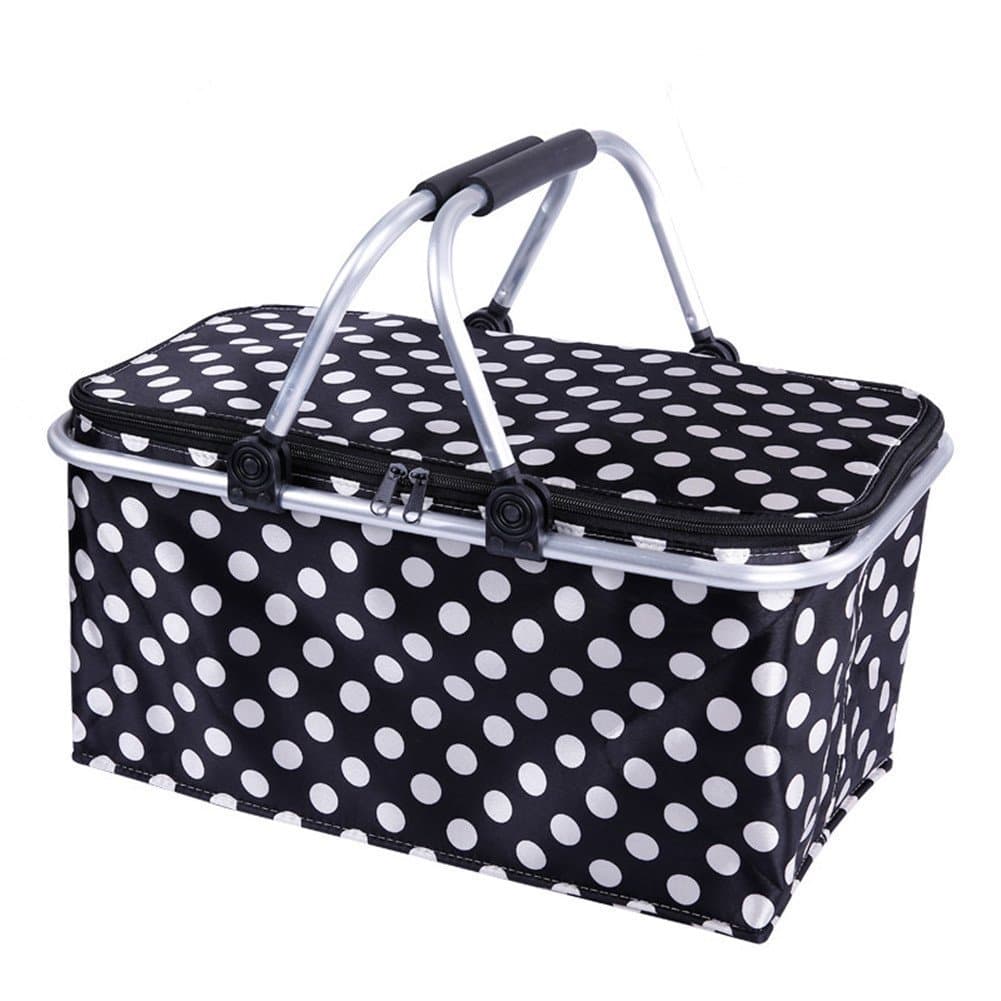 Wankn Large Size Insulated Picnic Basket 30L folding Cooler Bag Zip Closure Basket with Carrying Handles (Black)