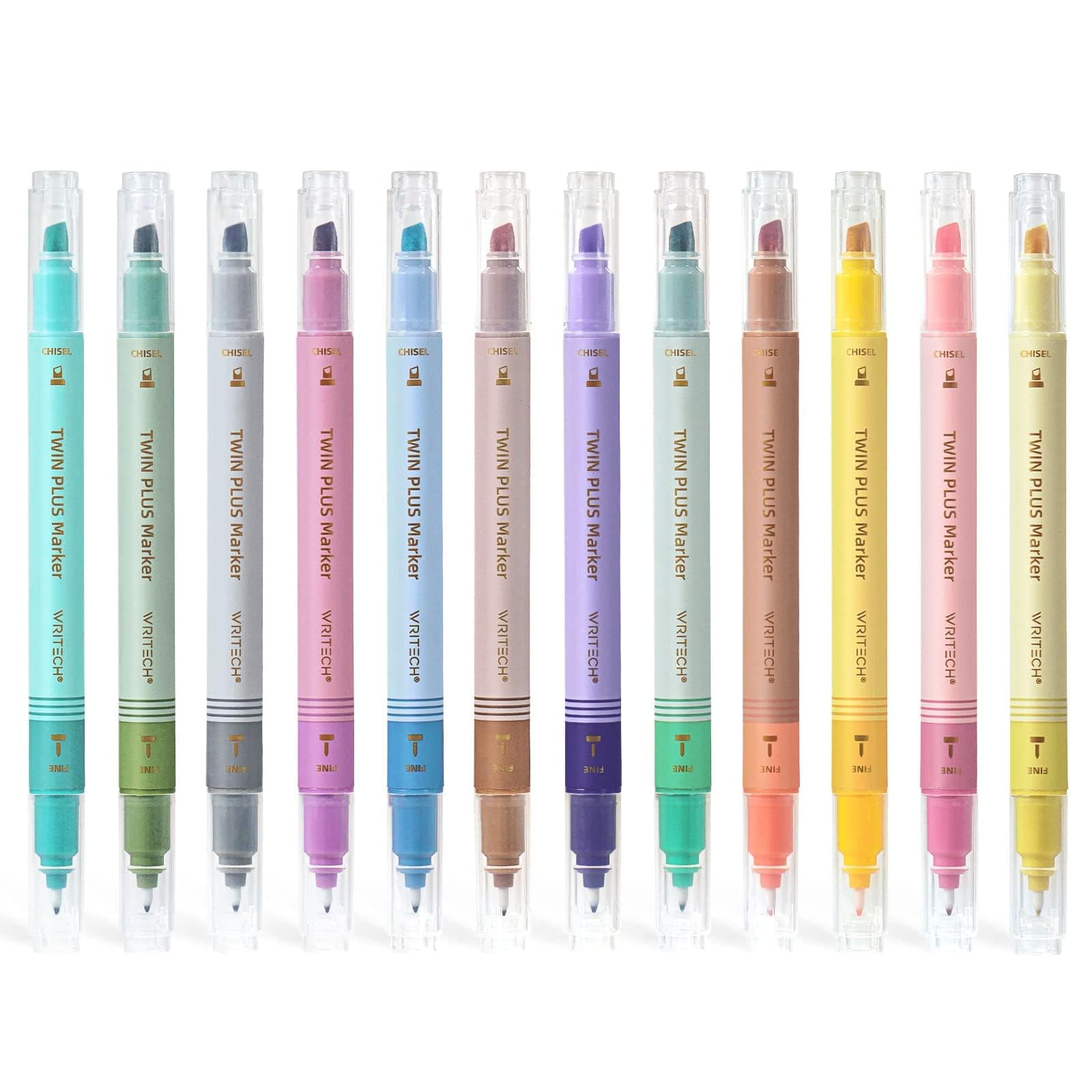 WRITECH Dual Tip Highlighter Markers: Aesthetic Fine & Chisel Tip Pastel Vintage Markers Multi Color Pen Pack No Smearing or Smearing Bible Highlights for Journaling 12 Assorted Colors