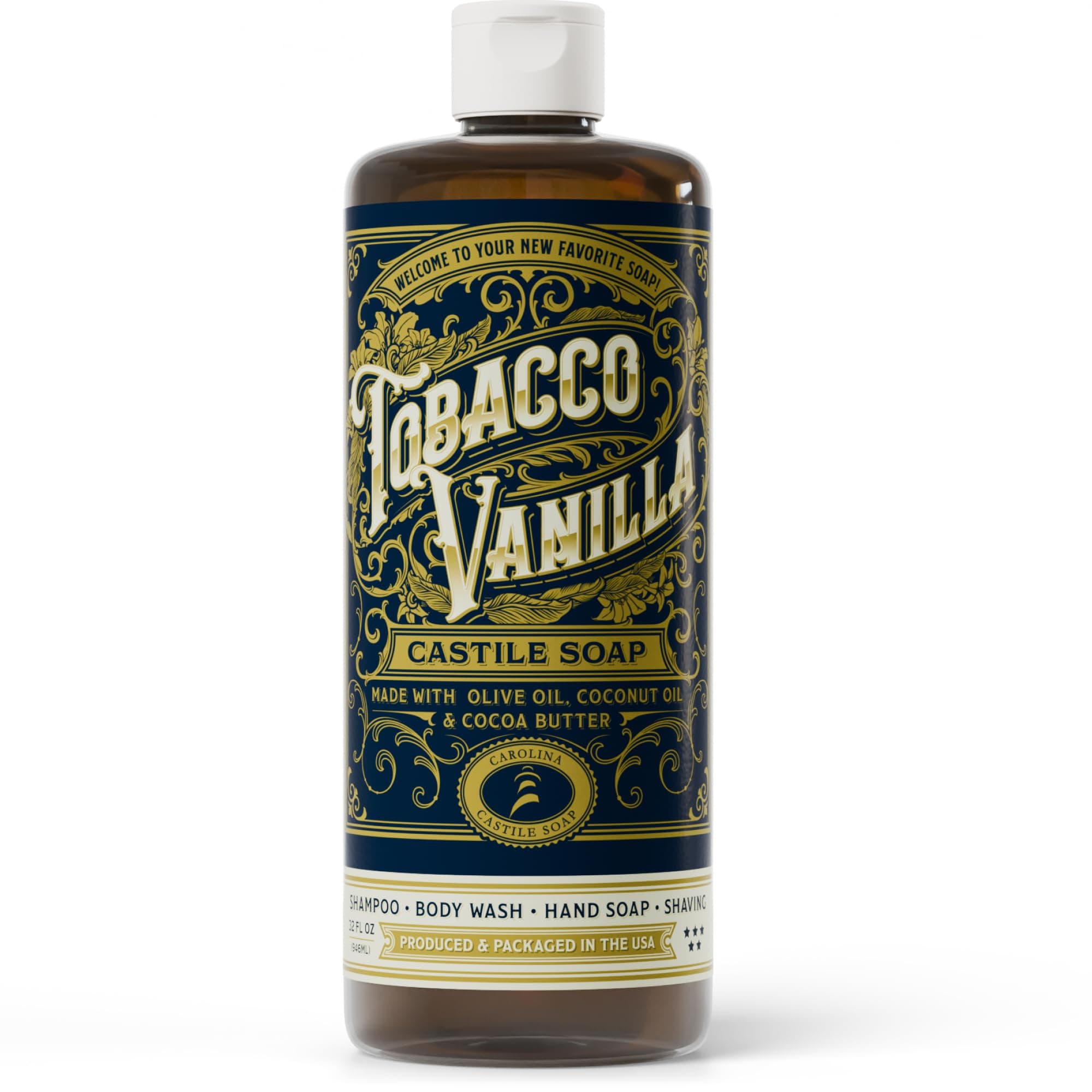 Castile Liquid Body Wash for Sensitive Skin – Natural Shampoo for Men with Olive Oil, Cocoa Butter & Coconut Oil – Tobacco Vanilla by Carolina Castile (Tobacco Vanilla, 32 Fl Oz)