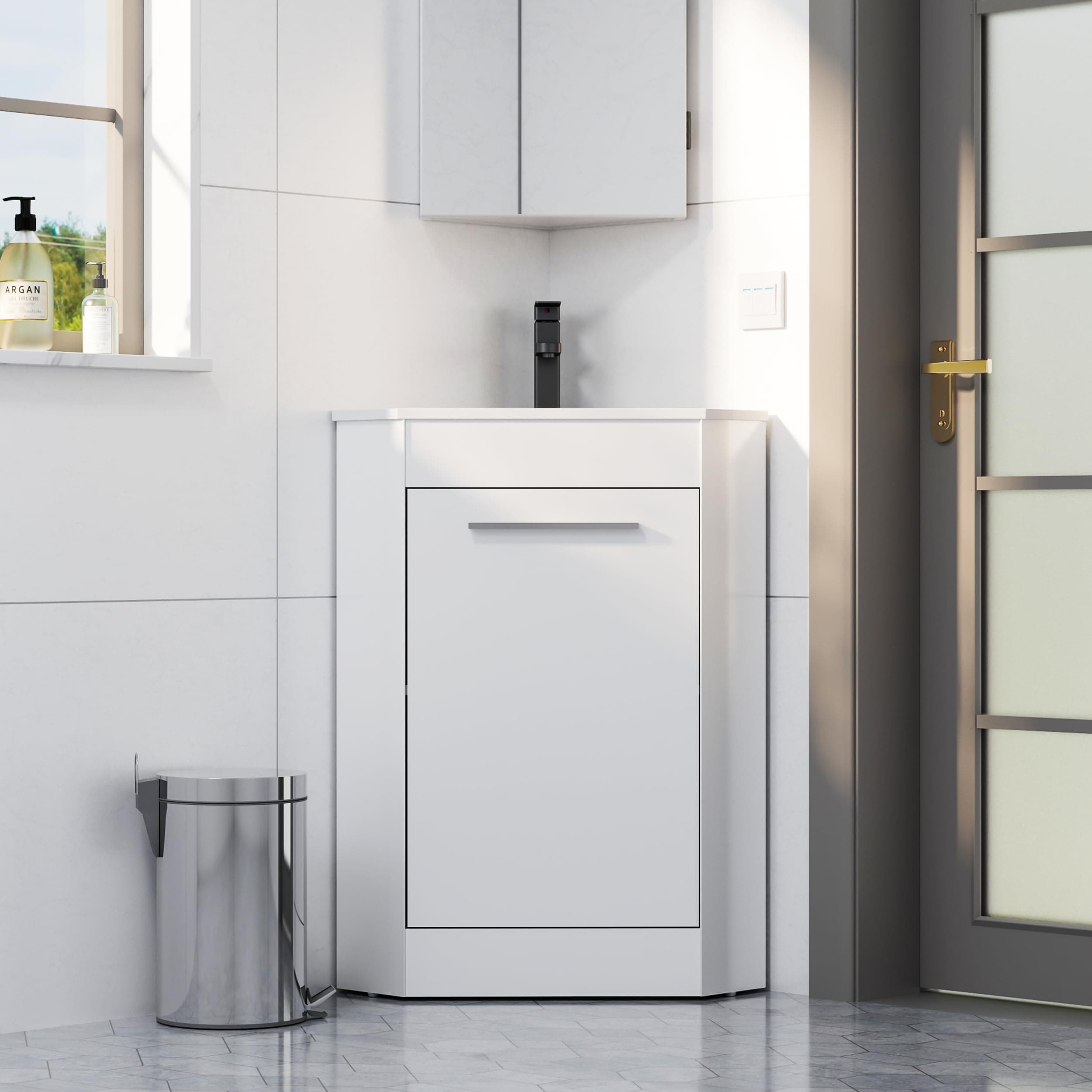 eclife 26" Corner Bathroom Vanity Sink Combo for Small Space Freestanding Storage Cabinet with White Resin Sink and Matte Black Faucet, White-1