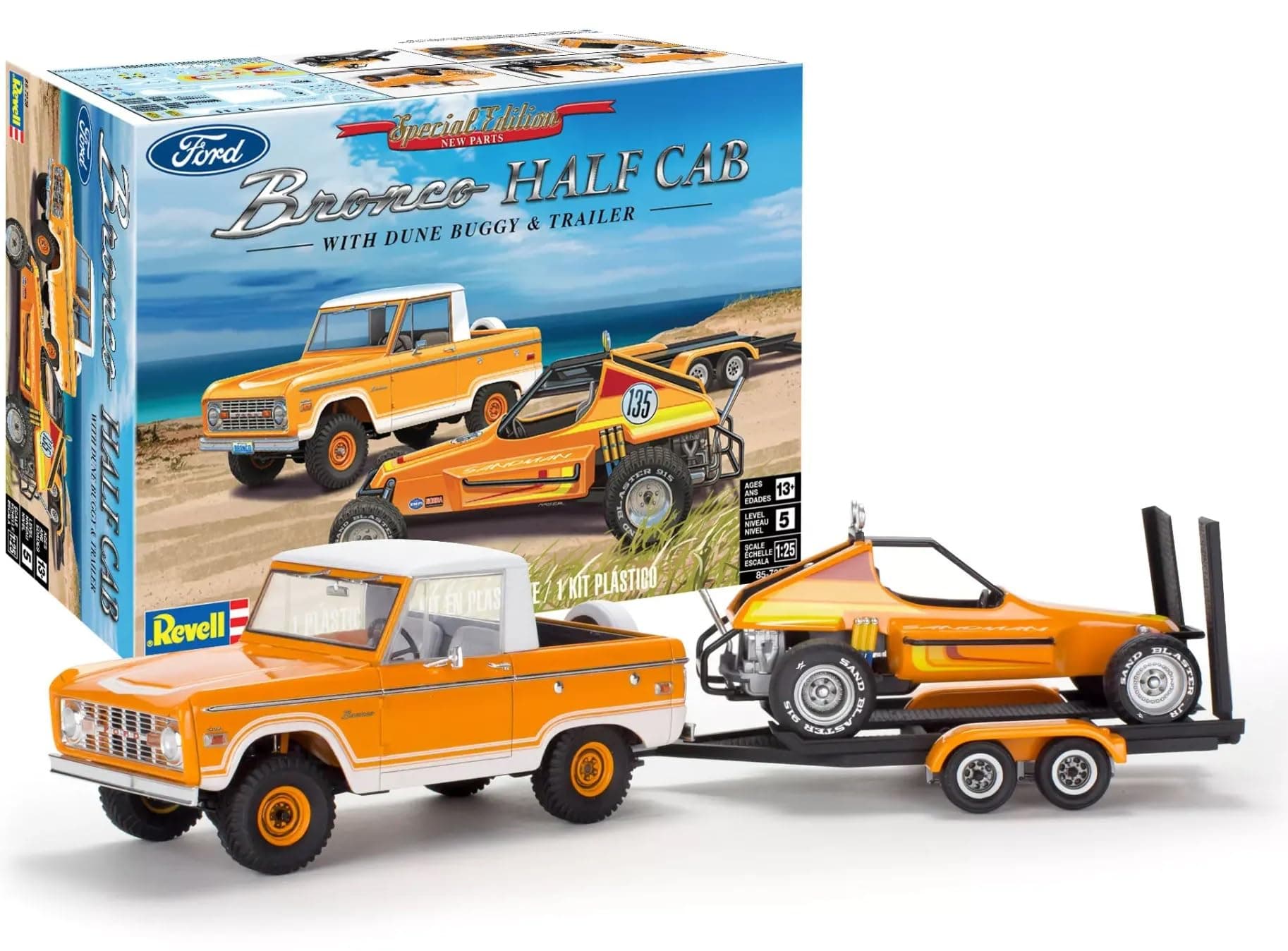 Revell 85-7228 Ford Bronco Half Cab with Dune Buggy & Trailer 1:25 Scale 149-Piece Skill Level 5 Model Truck Building Kit