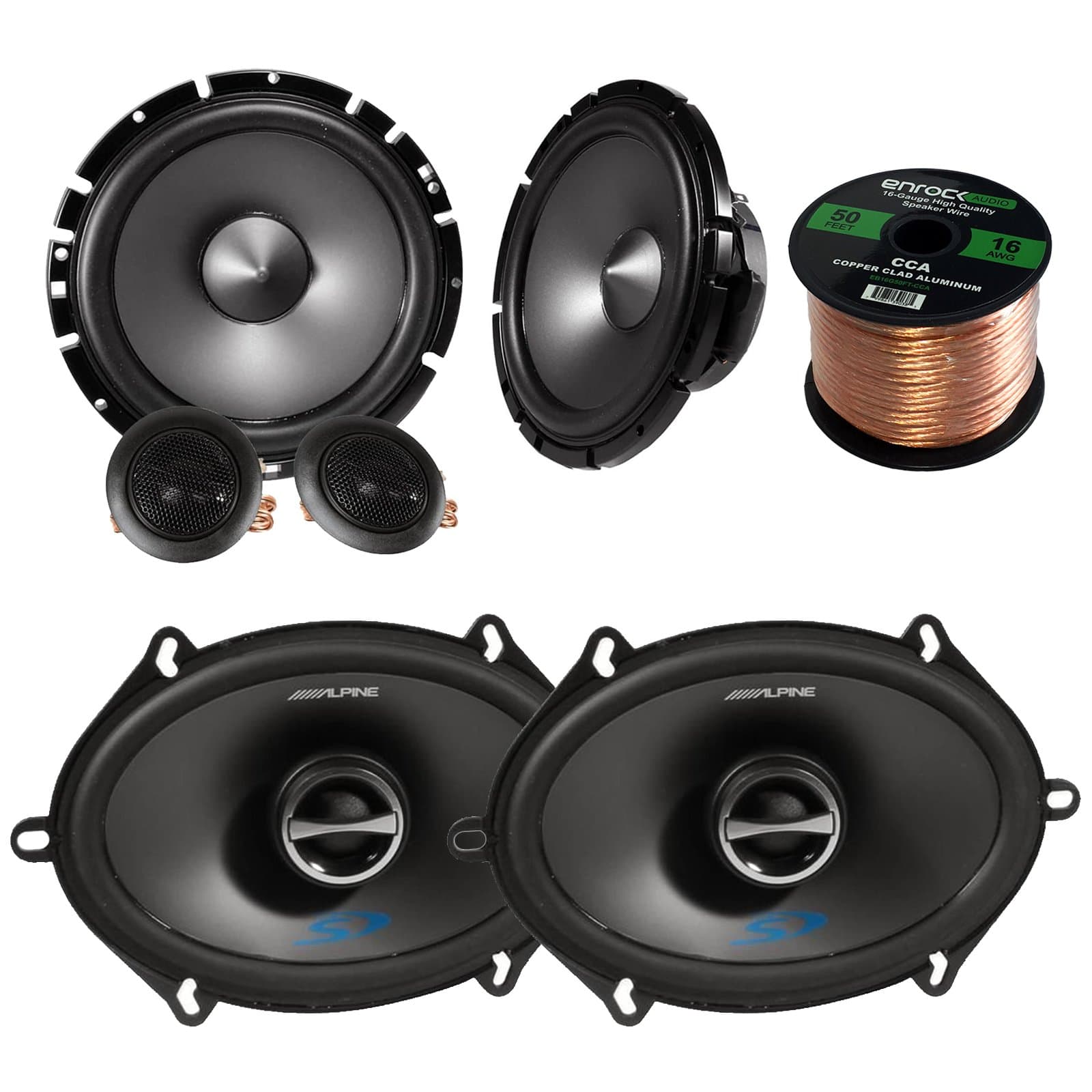 Car Speaker Package Of Alpine SPS-610 6.5" 2-Way Car Audio Speakers Bundle With Alpine SPS-517 5x7" Inch 4-Ohms Coaxial Car Stereo Speaker + Enrock 16g 50 Feet Speaker Wire