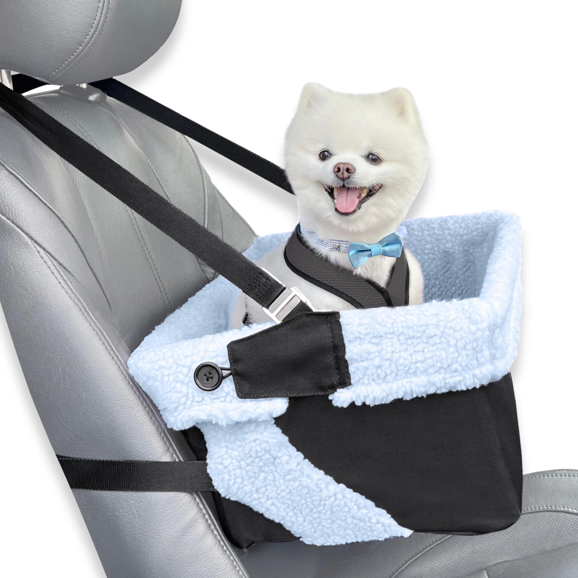 Blue Dog Booster Seat - Washable, Adjustable, Collapsible Pet Travel Carrier Bed - Safety Seat Belt Tether for Small Dogs, Puppies, and Pets up to 18 lbs