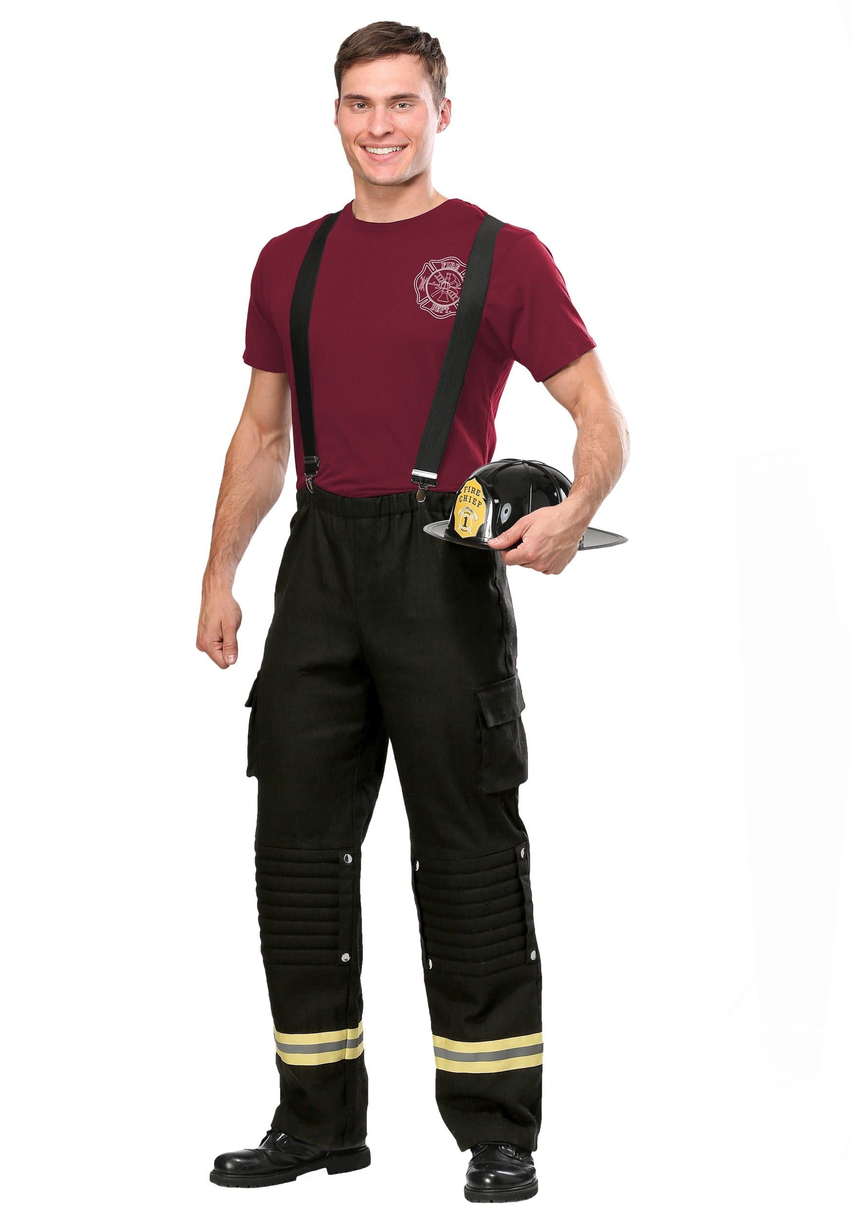 Firefighter Uniform Fancy Dress Costume Adult Mens, Fire Captain Black Suspenders Hot Halloween Party Outfit X-Small