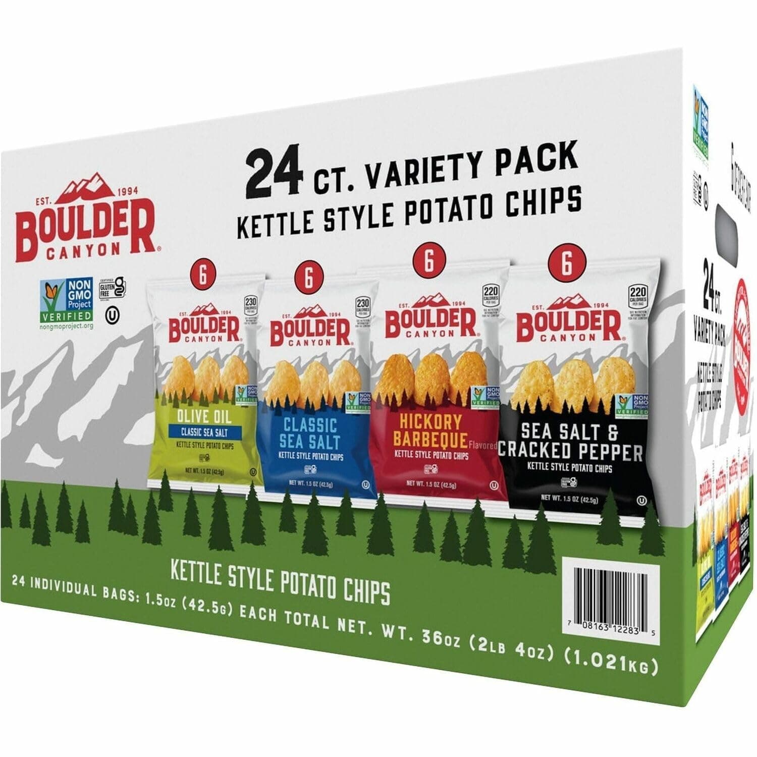 Kettle Style Potato Chips Variety Pack, 24 Count, Assorted 1.5oz. Bags, Olive Oil Classic Sea salt, Hickory BBQ, Sea Salt & Cracked Pepper, Classic Sea salt