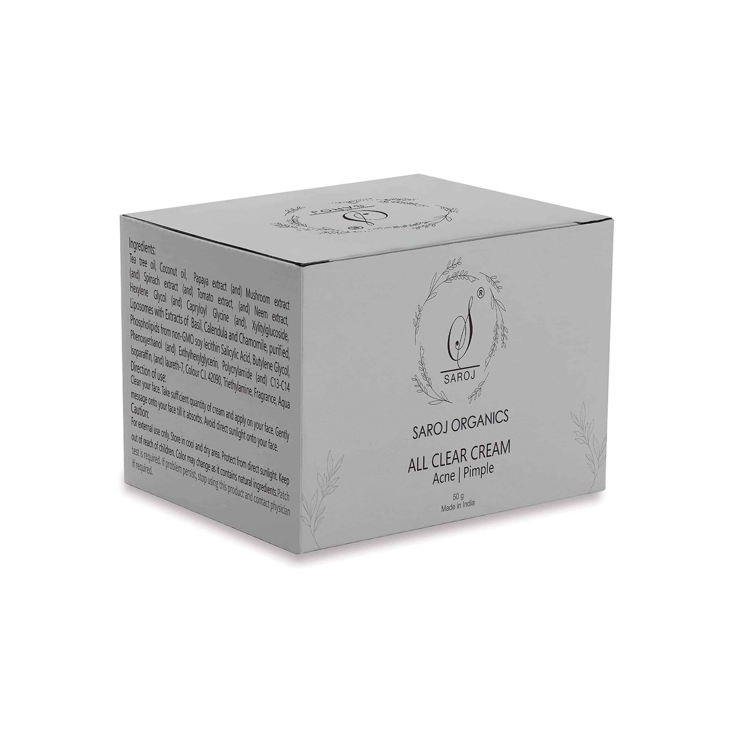 Saroj Organics All Clear Cream, 50gm, for acne, pimples, acne scars, open pores, anti acne and blemishes - for men and women