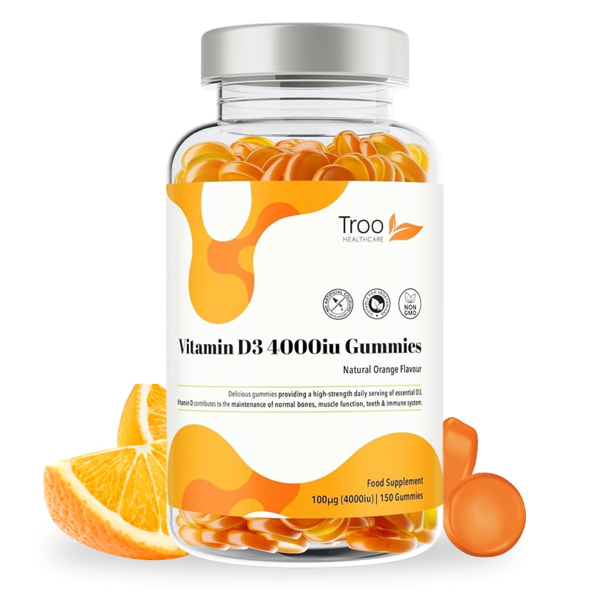 Troo Health Care Vitamin D3 4000iu - 150 Natural Orange Flavour Chewable Gummies - Five Months Supply - Non GMO Tasty Gummy Supplement to Support Immune Function and Help Maintain Bones and Teeth