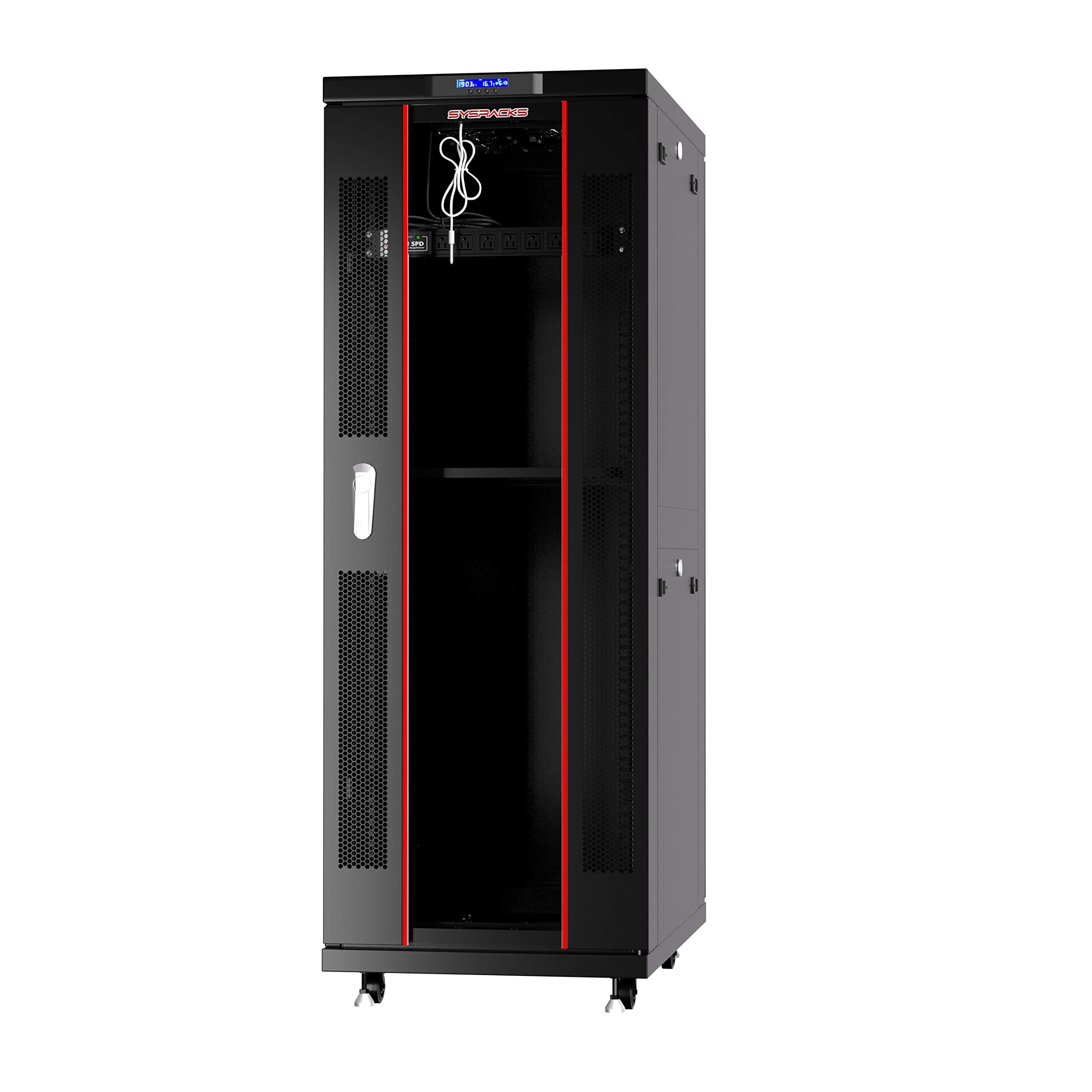 Sysracks 42U Server Rack Cabinet – 32" Deep Network Rack Enclosure on Wheels – Glass Door, 4 Cooling Fans, Temperature Controller, Shelf, 8-Way PDU – 19" IT & AV Equipment Rack