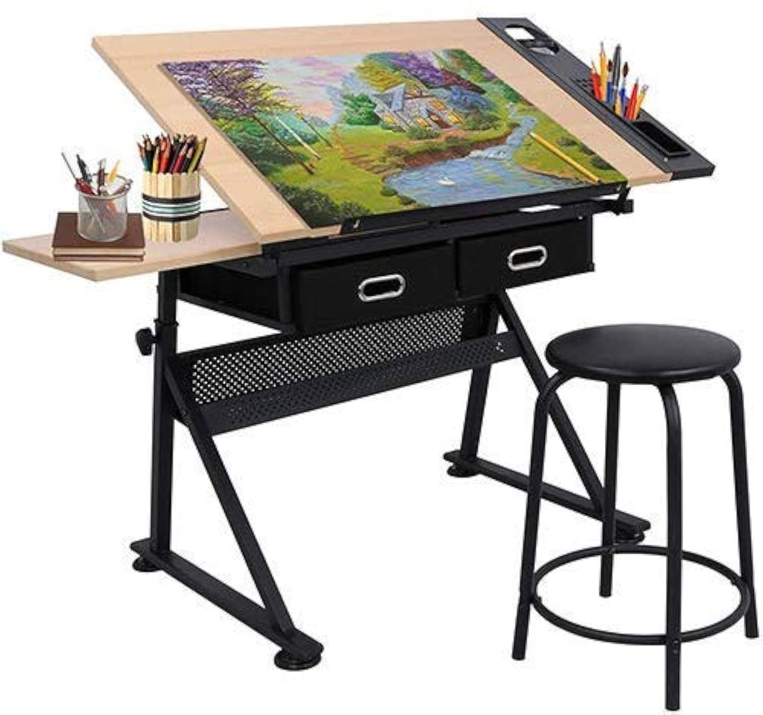 BBBuy MDF Adjustable Drafting Desk Drawing Table Tiltable Tabletop Craft Station Art-Hobby Table with Stool and 2 Drawers for Writing Art Craft Work Station