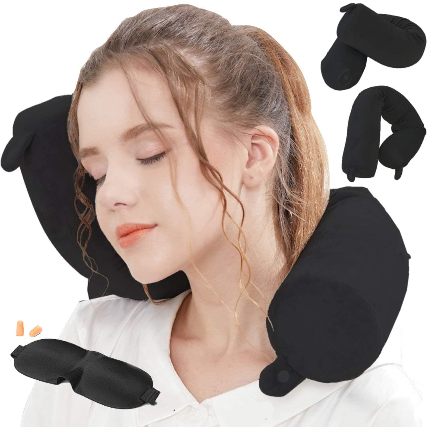 Lucear Twist Memory Foam Travel Pillow Neck, Chin, Lumbar Leg Support Traveling on Airplane, Bus, Train at Home (Dark Black)