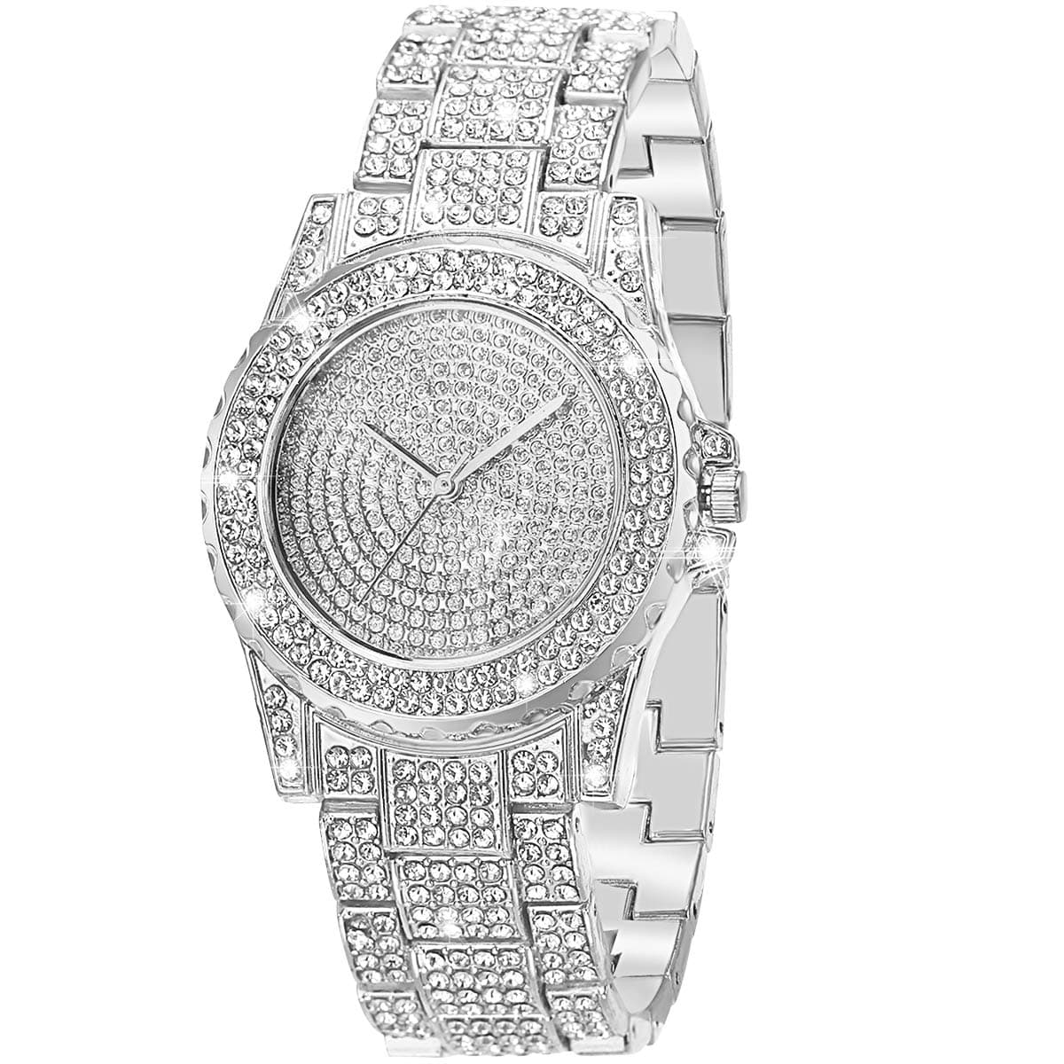 Silver Watch for Women Interior Full Diamond Bling Rhinestone Iced Out Quartz Crystal Stainless Steel Ladies Wrist Watch