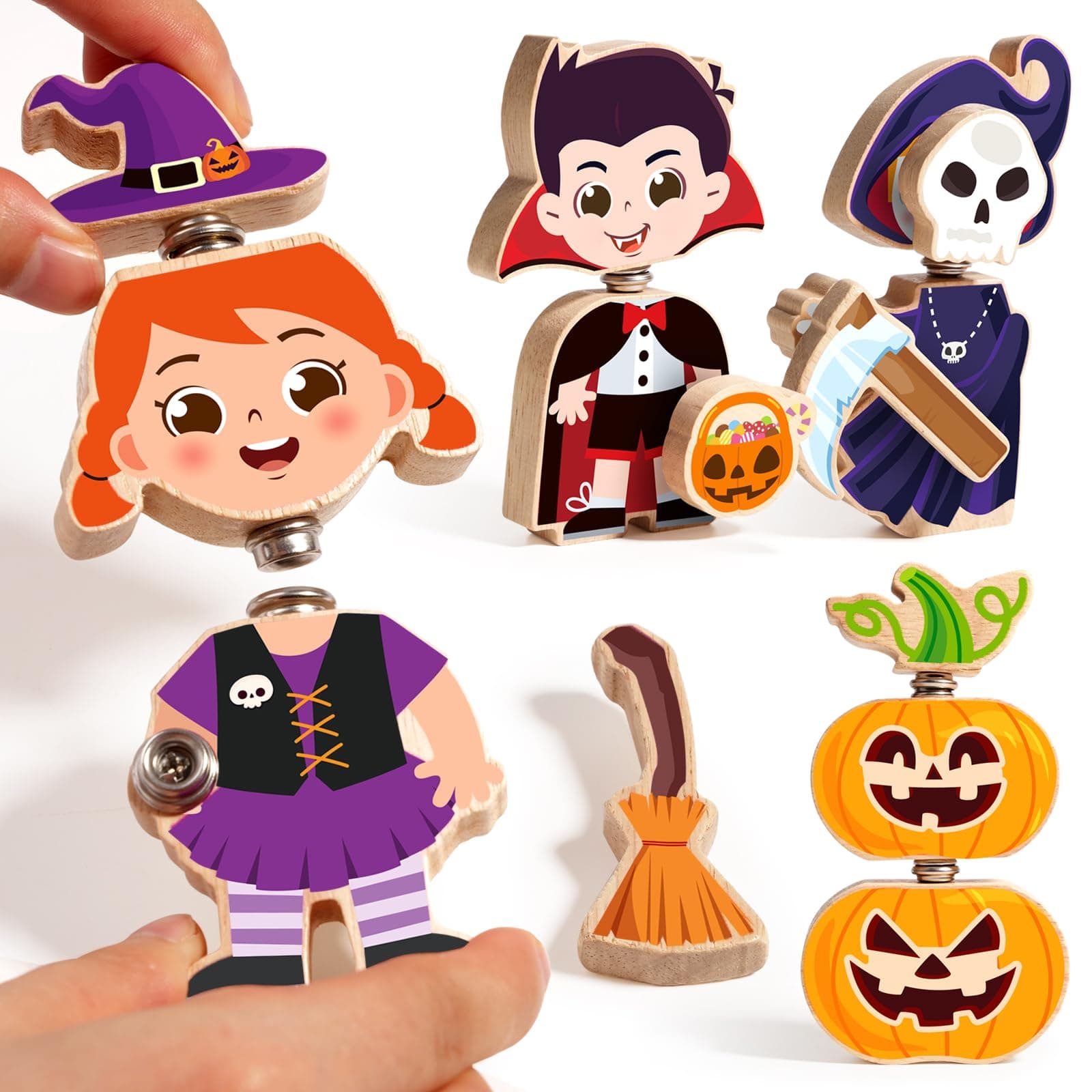 HUZUHalloween Snap Together Dress Up Building Blocks Toys, Witch Vampire Skeleton Pumpkin Take Apart Characters, 3 4 5 6 7 8 Years Old Kids Wooden Puzzle, STEM Fine Motor Skill Halloween Party Gift