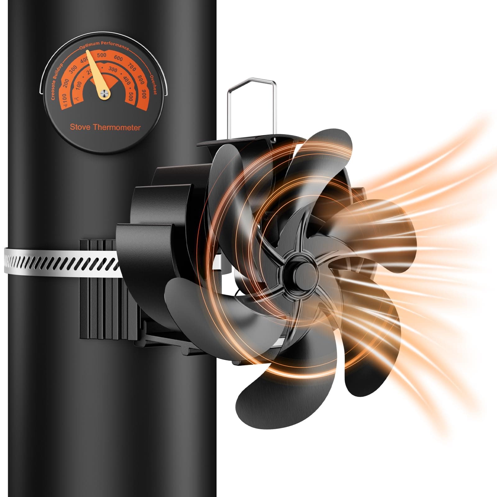 Zgrmbo Log Burner Fan, 6 Blades Heat Powered Wood Stove Fan with Magnetic Thermometer, Upgrade Chimney-Bundled Type Fireplace, Silent for Log Burner Metal Wood Stove Pipe