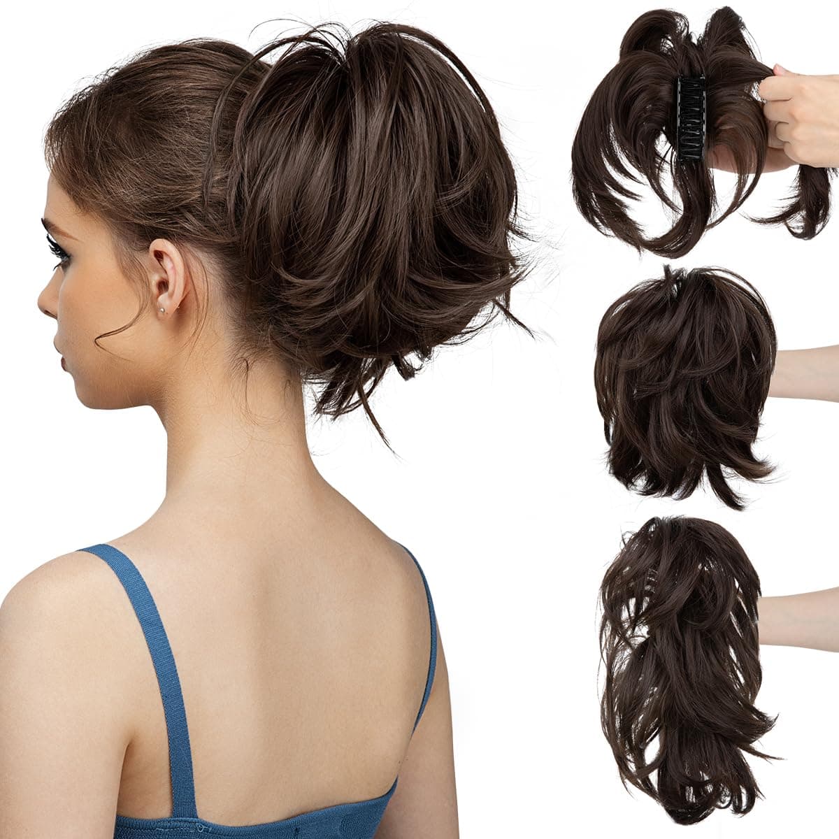 CJL HAIR Claw Clip Short Ponytail Hair Extensions DIY Bendable Metals Messy Bun Hair Piece for Wonen Straight Synthetic Fake Hairpieces Dark Brown
